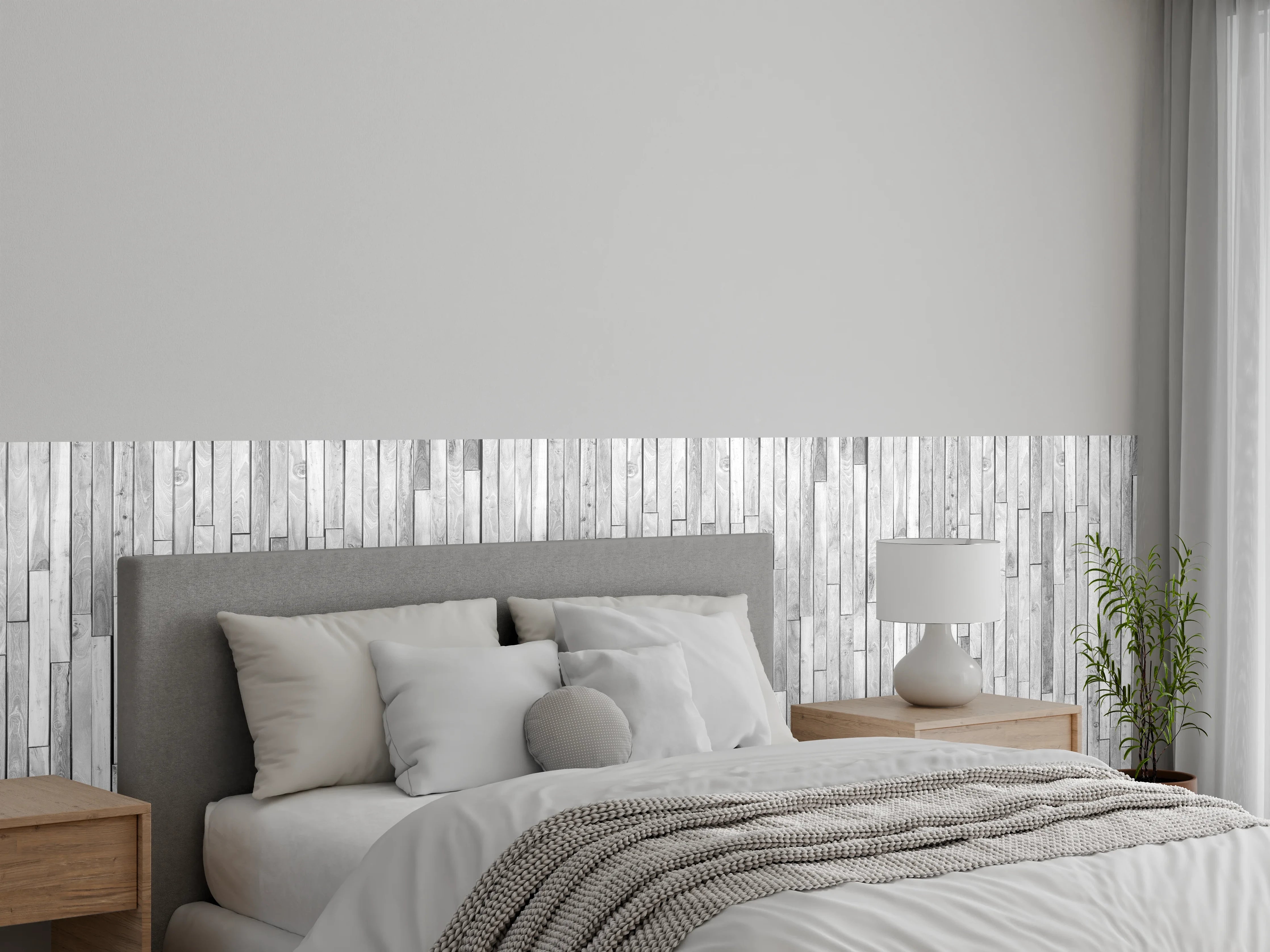 Wandverkleidung Schlafzimmer - Vertikale weiße kleine Kiefernholzstücke