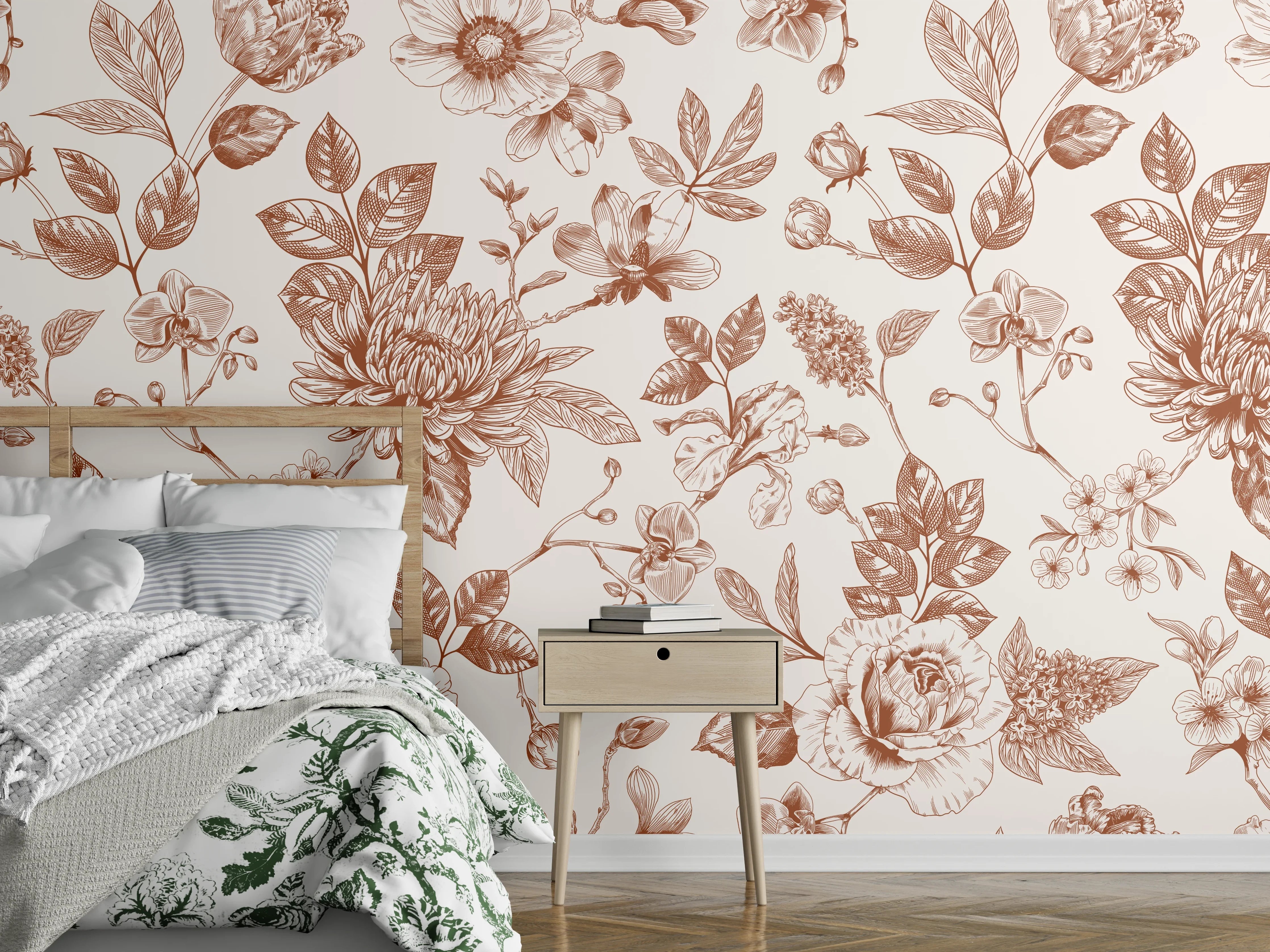 Wandverkleidung Schlafzimmer - Vintage Bloom Amber Blumenmuster