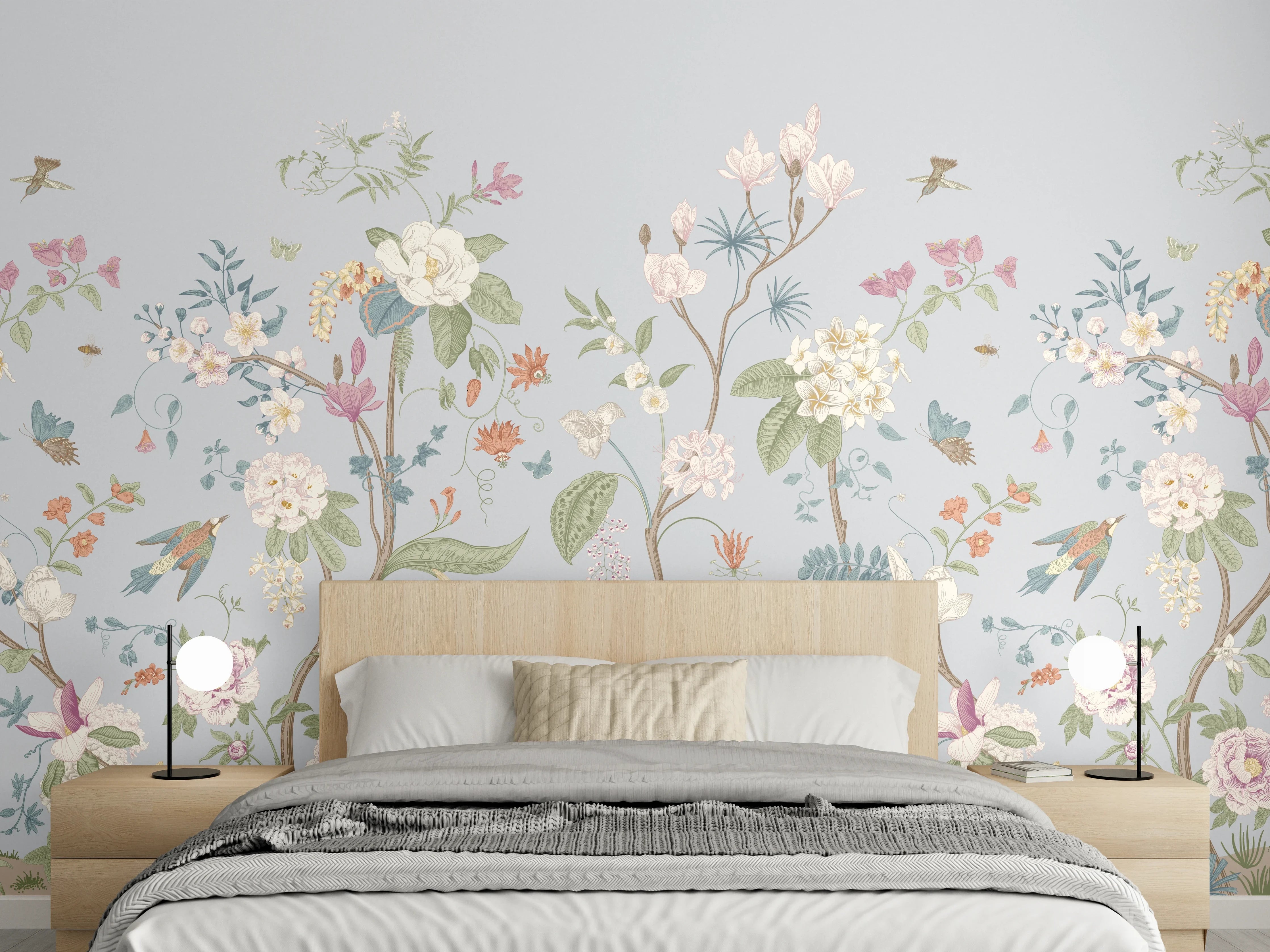 Wandverkleidung Schlafzimmer - Vintage Bloom Blumenbordüre Grau-Rosa