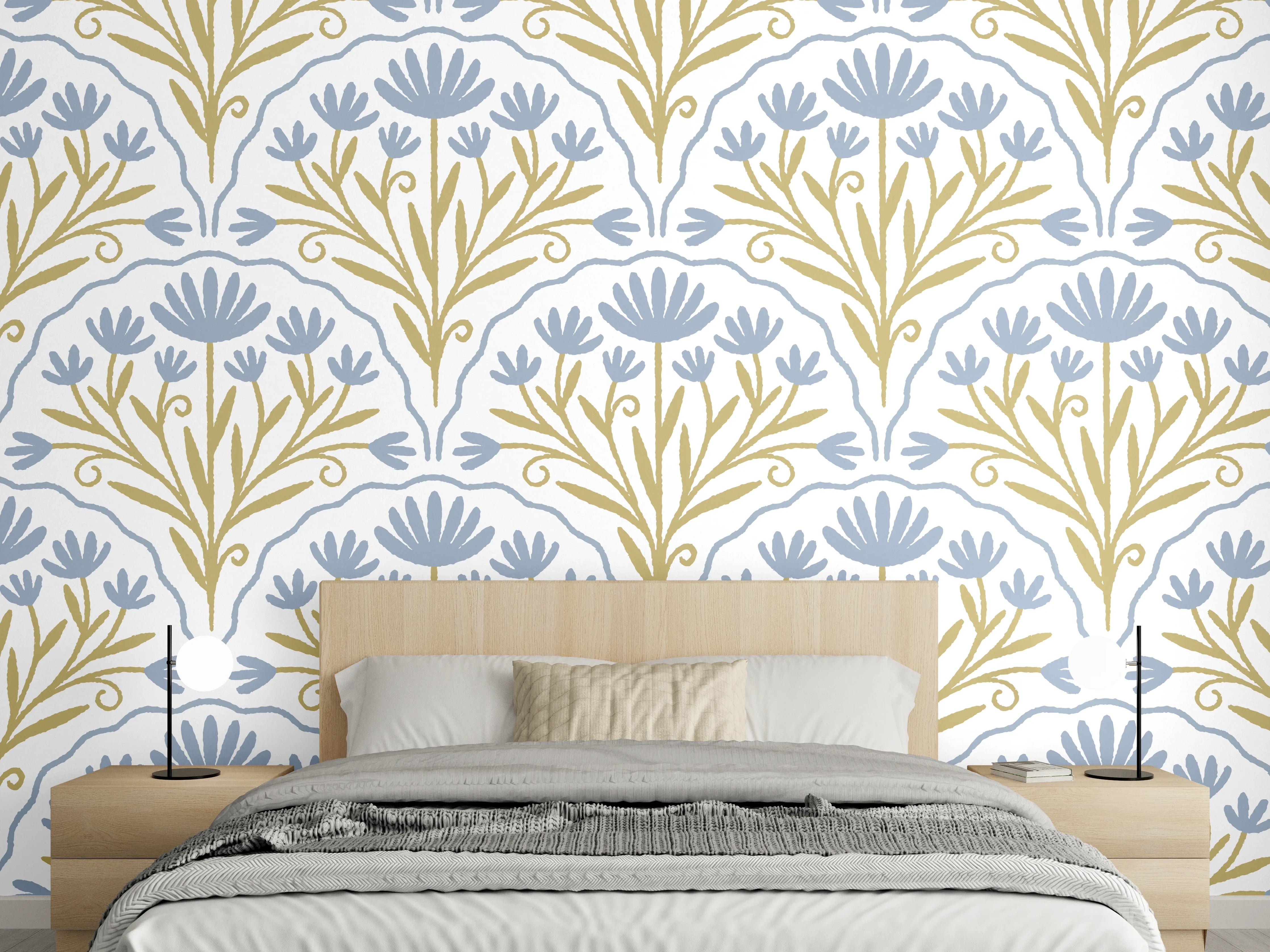 Wandverkleidung Schlafzimmer - Vintage Bloom Tapete Blau-Weiß