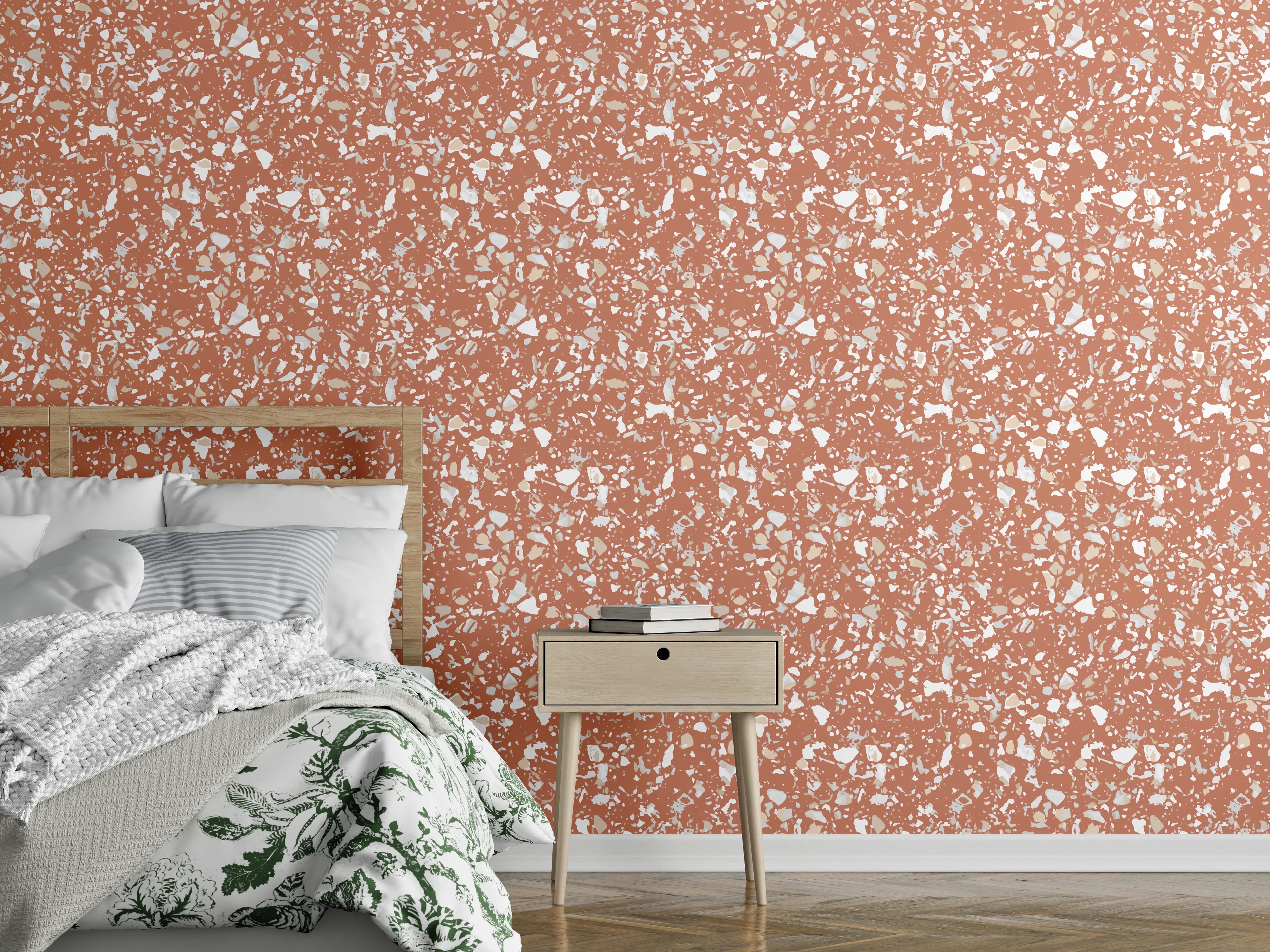 Wandverkleidung Schlafzimmer - Vintage Blümchenmuster Ziegelrot auf Weiß