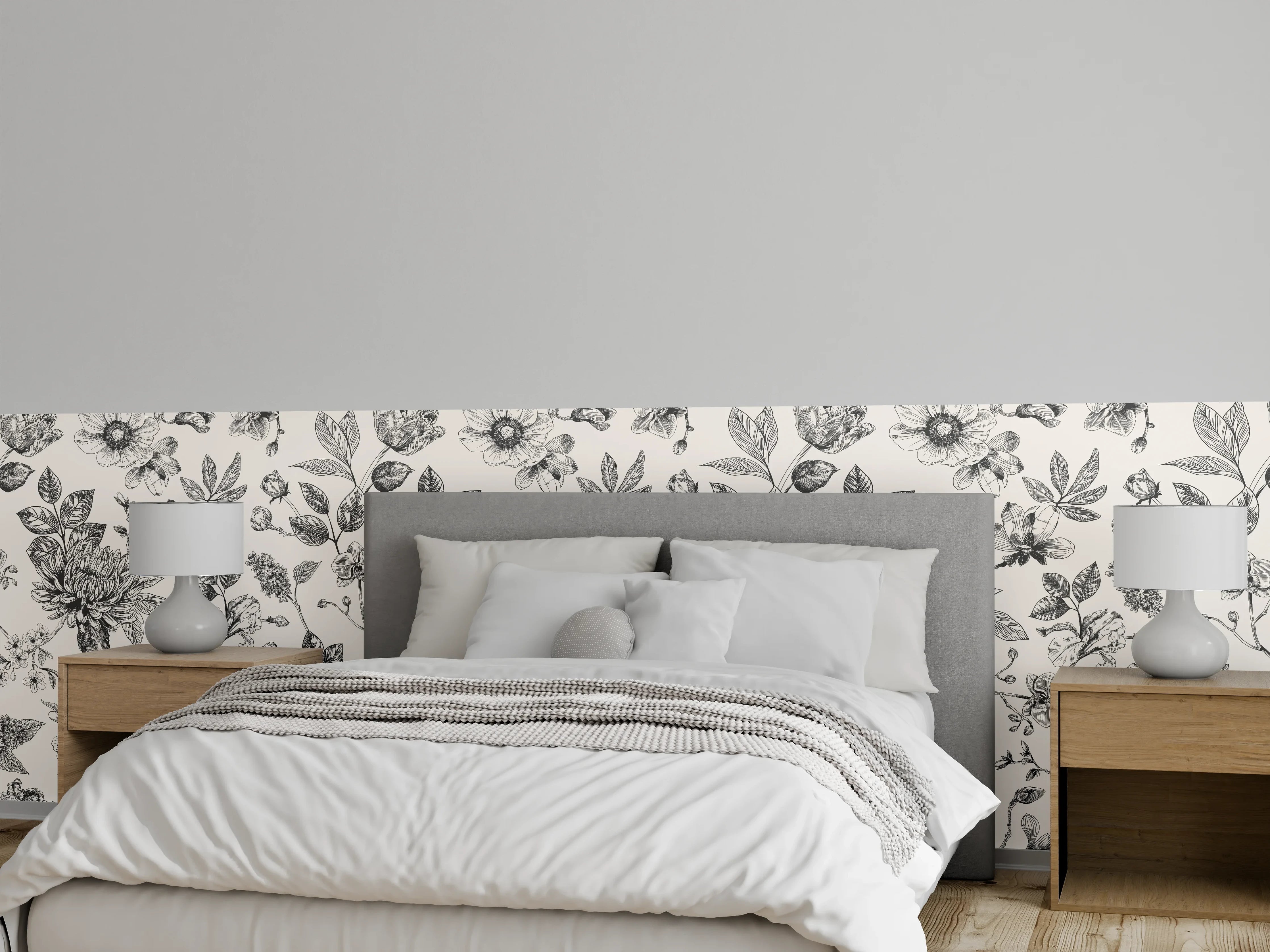 Wandverkleidung Schlafzimmer - Vintage-Blumen Schwarz-Weiß