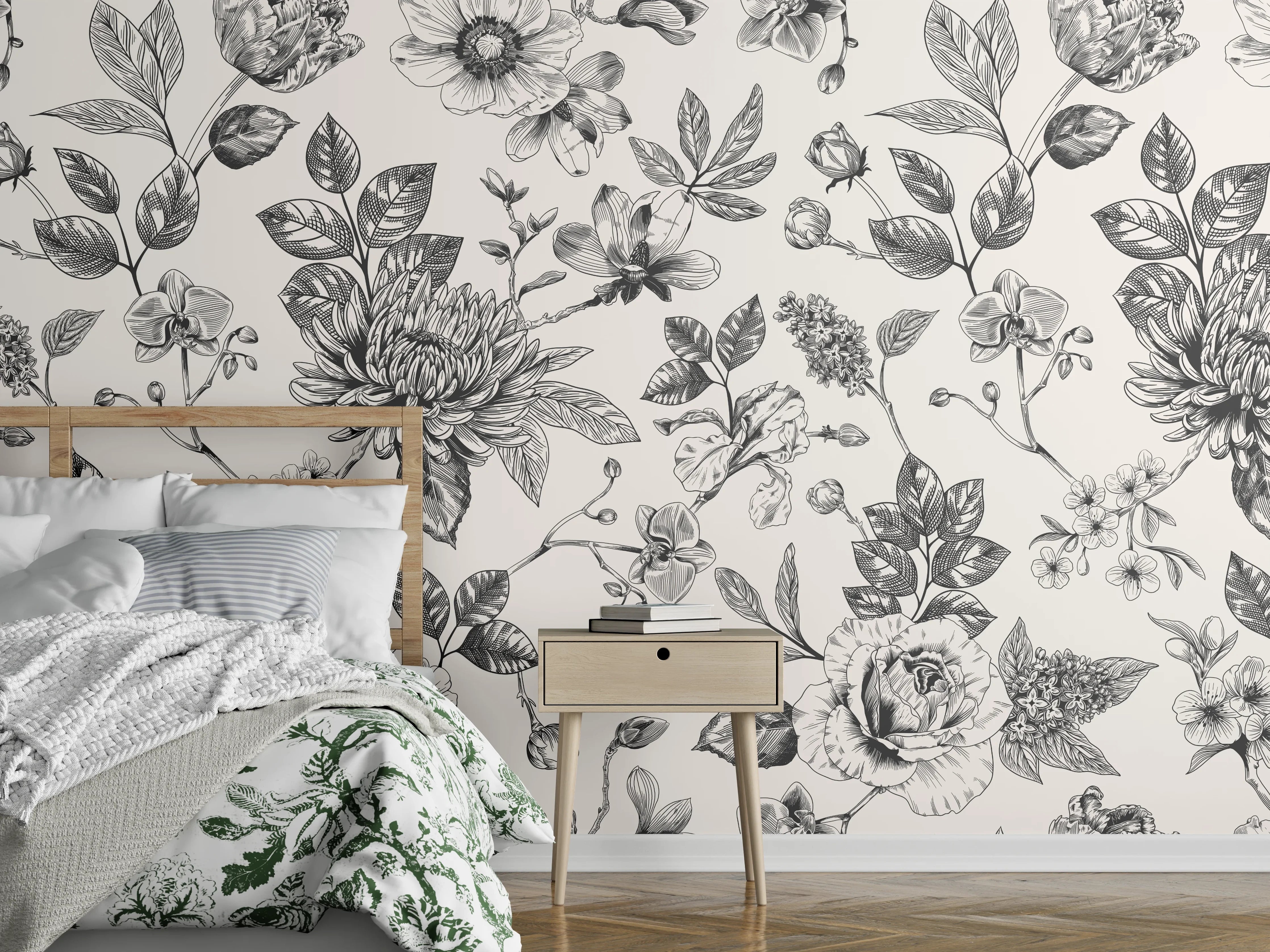 Wandverkleidung Schlafzimmer - Vintage-Blumen Schwarz-Weiß