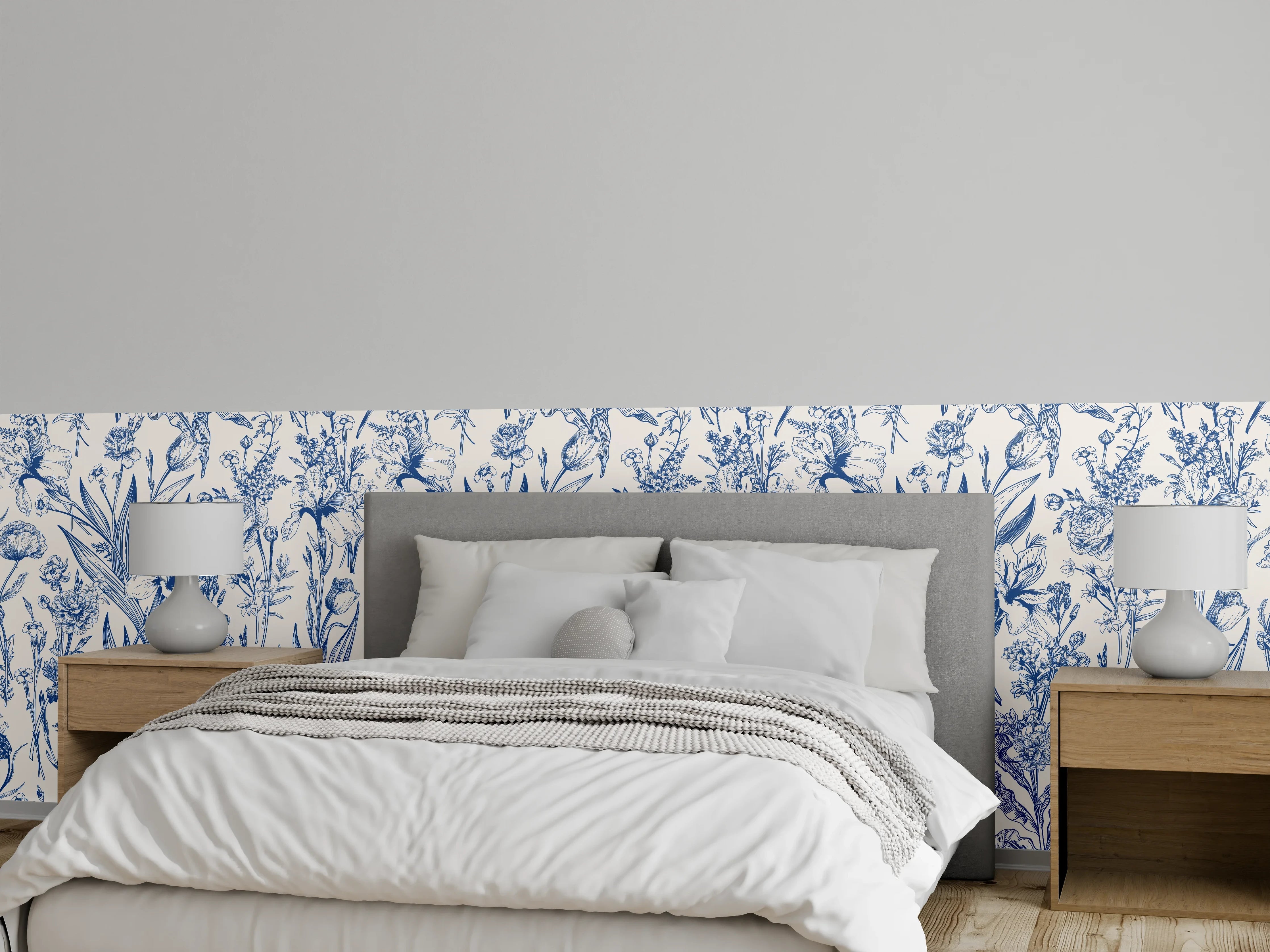 Wandverkleidung Schlafzimmer - Vintage-Blumenmuster Azurblau