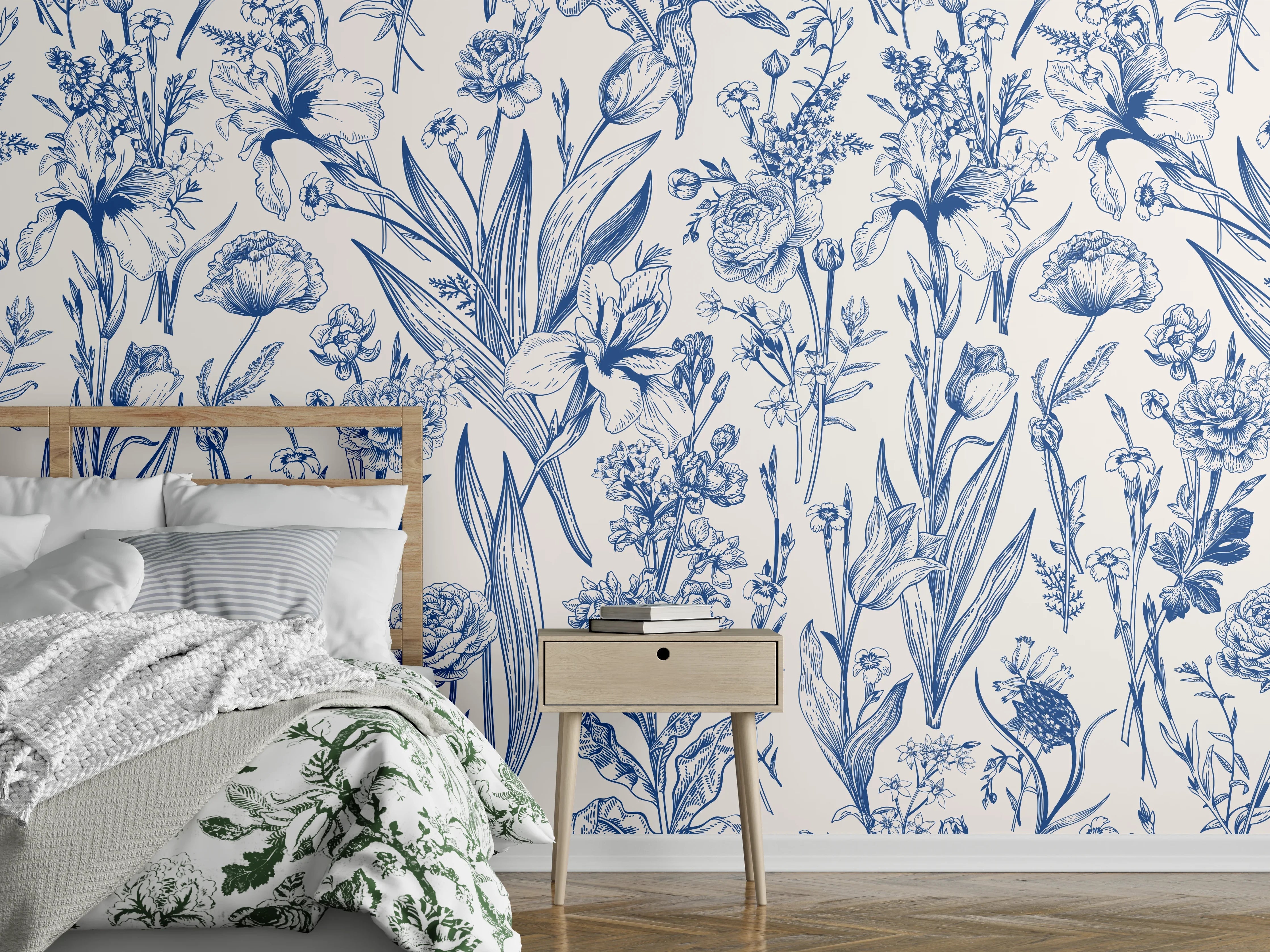 Wandverkleidung Schlafzimmer - Vintage-Blumenmuster Azurblau