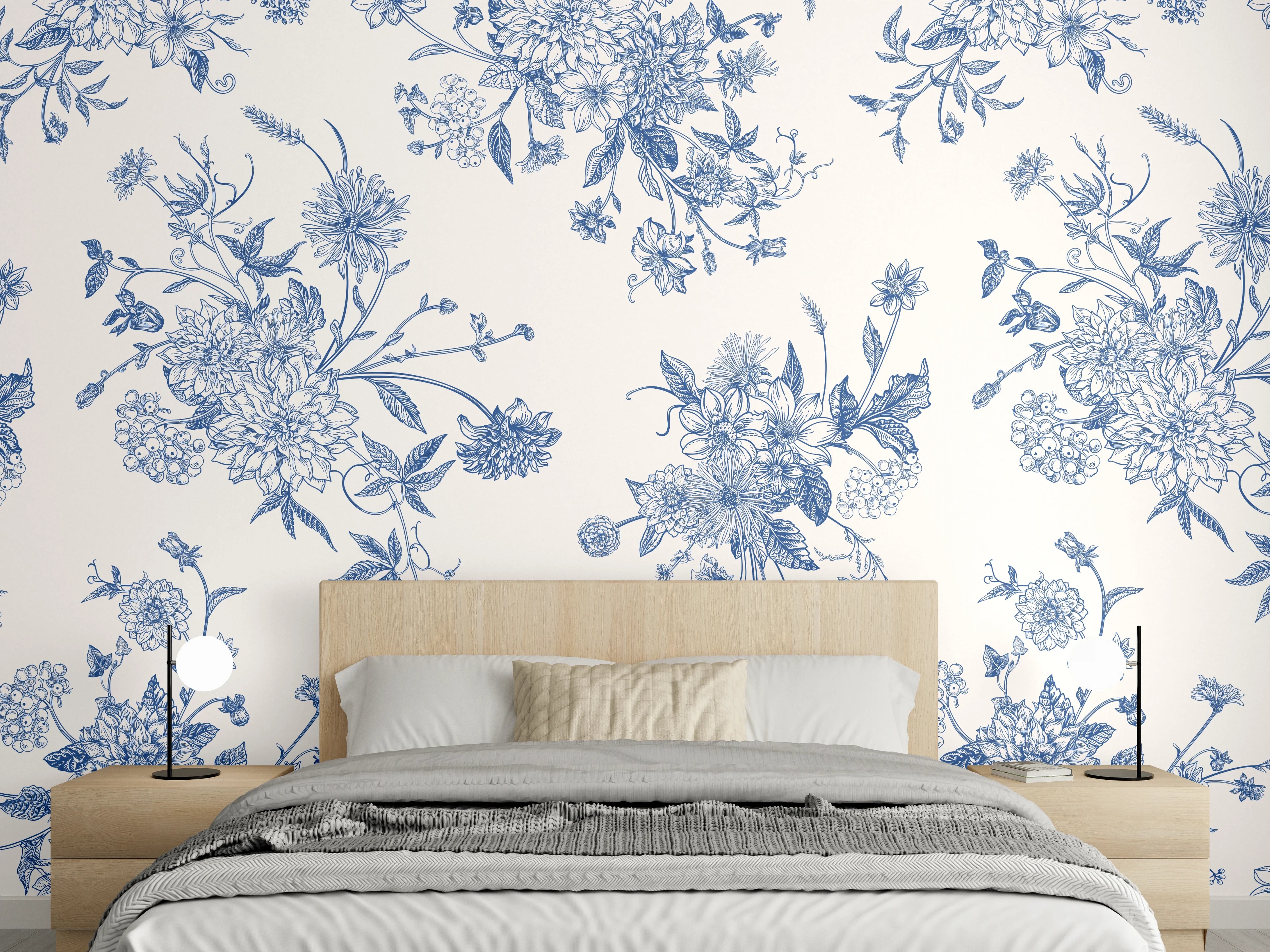 Wandverkleidung Schlafzimmer - Vintage-Blumenmuster Blau-Weiß