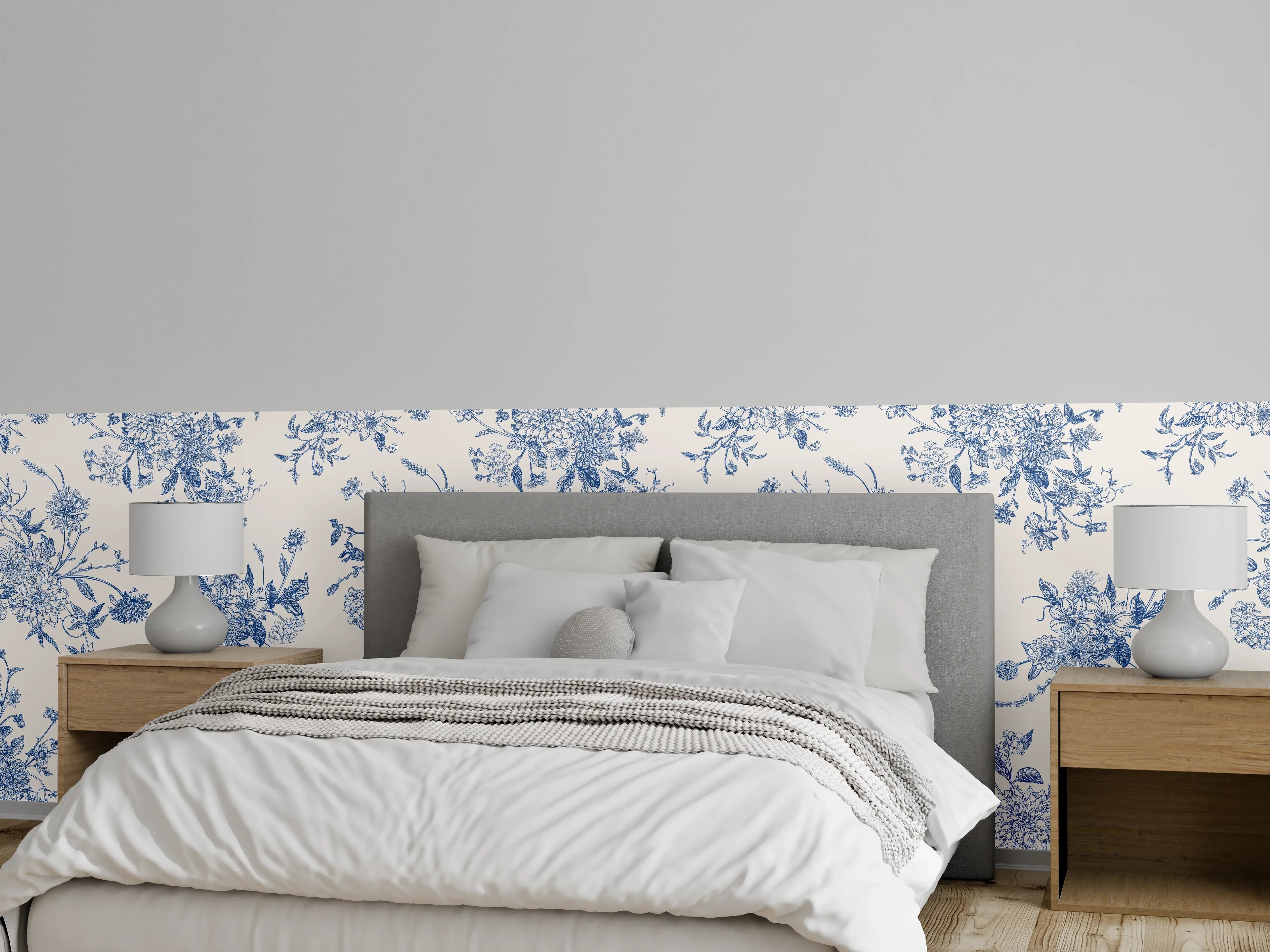 Wandverkleidung Schlafzimmer - Vintage-Blumenmuster Blau-Weiß