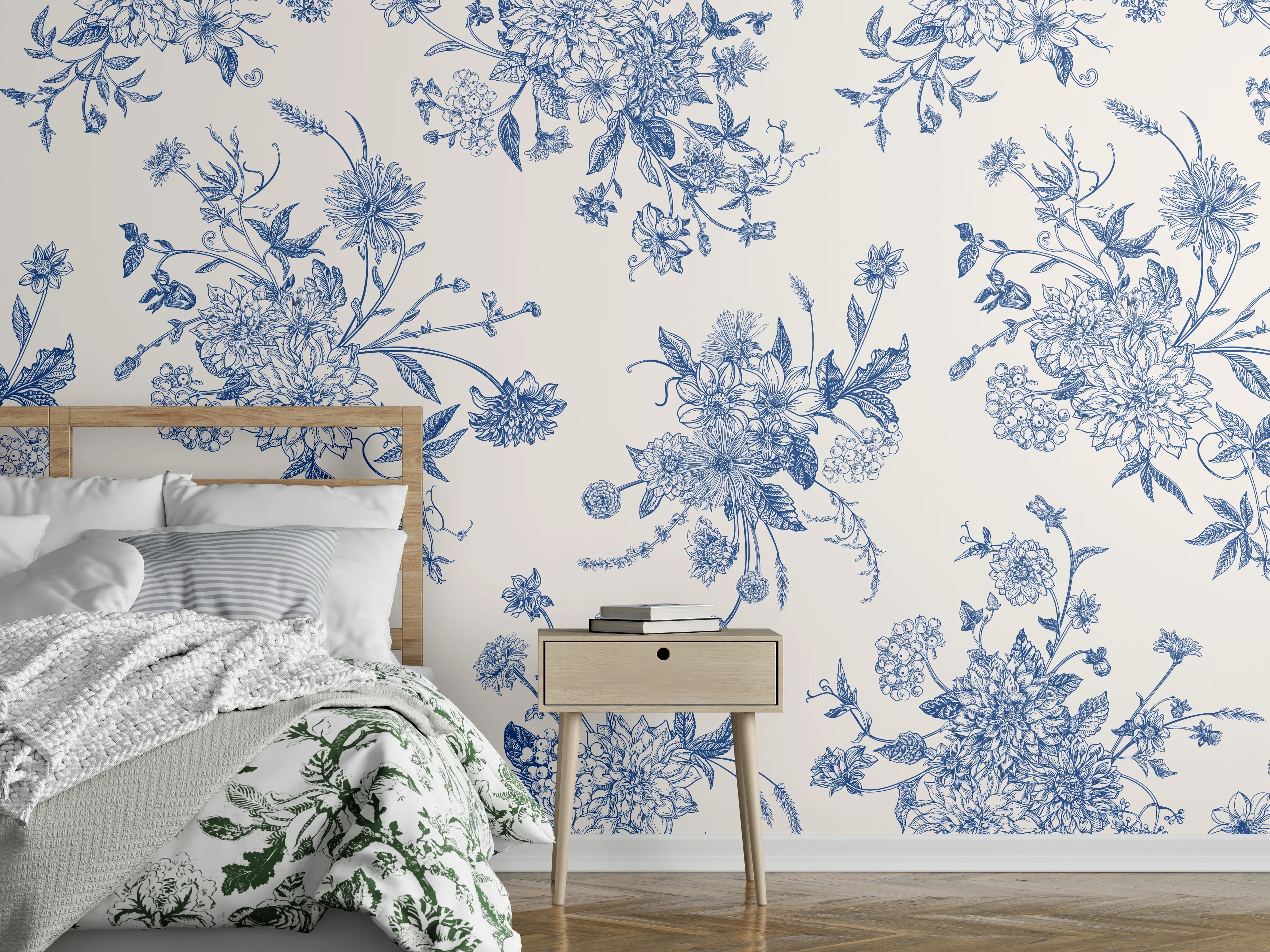 Wandverkleidung Schlafzimmer - Vintage-Blumenmuster Blau-Weiß