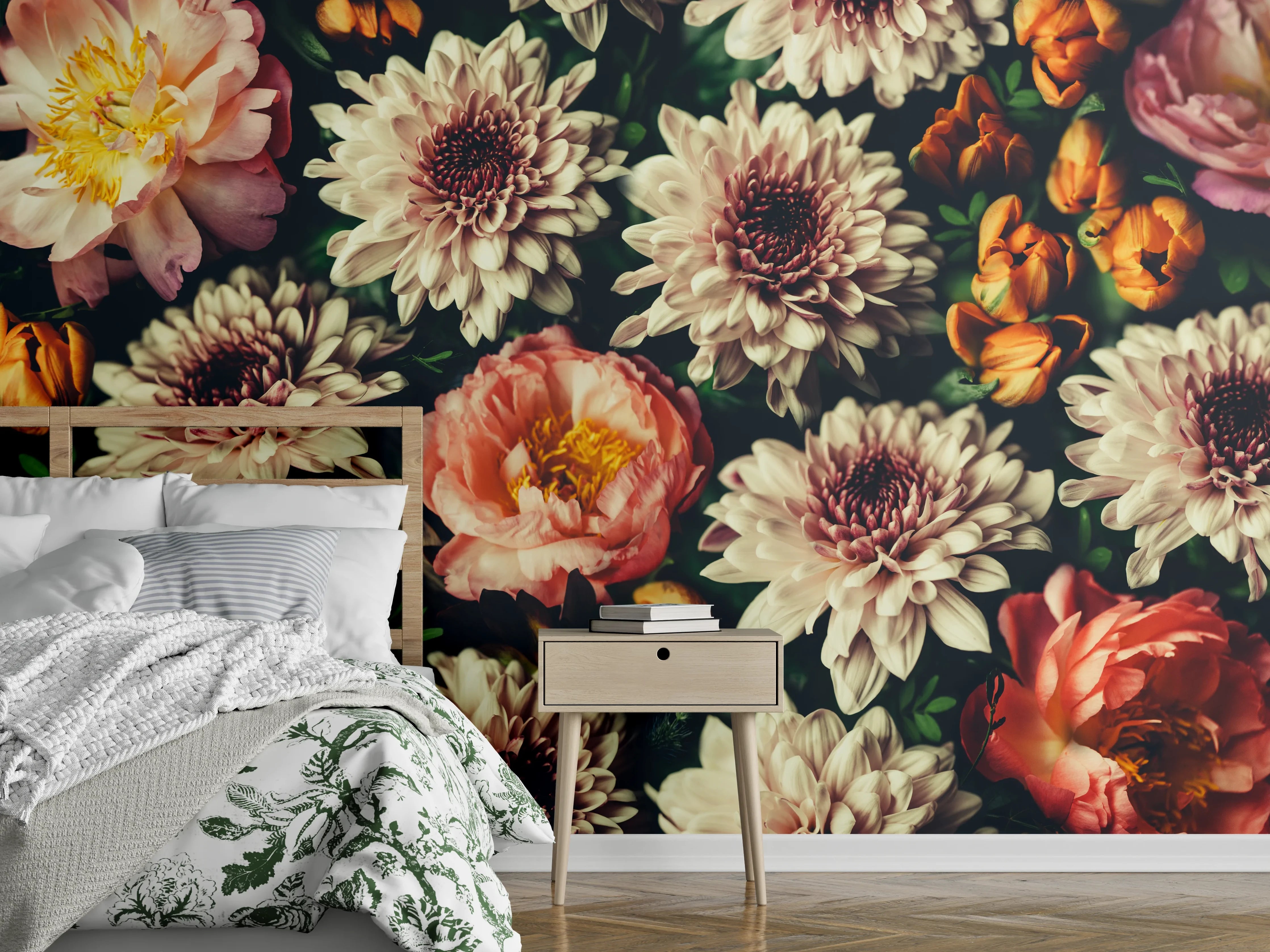 Wandverkleidung Schlafzimmer - Vintage-Bouquet mit schönen Blumen