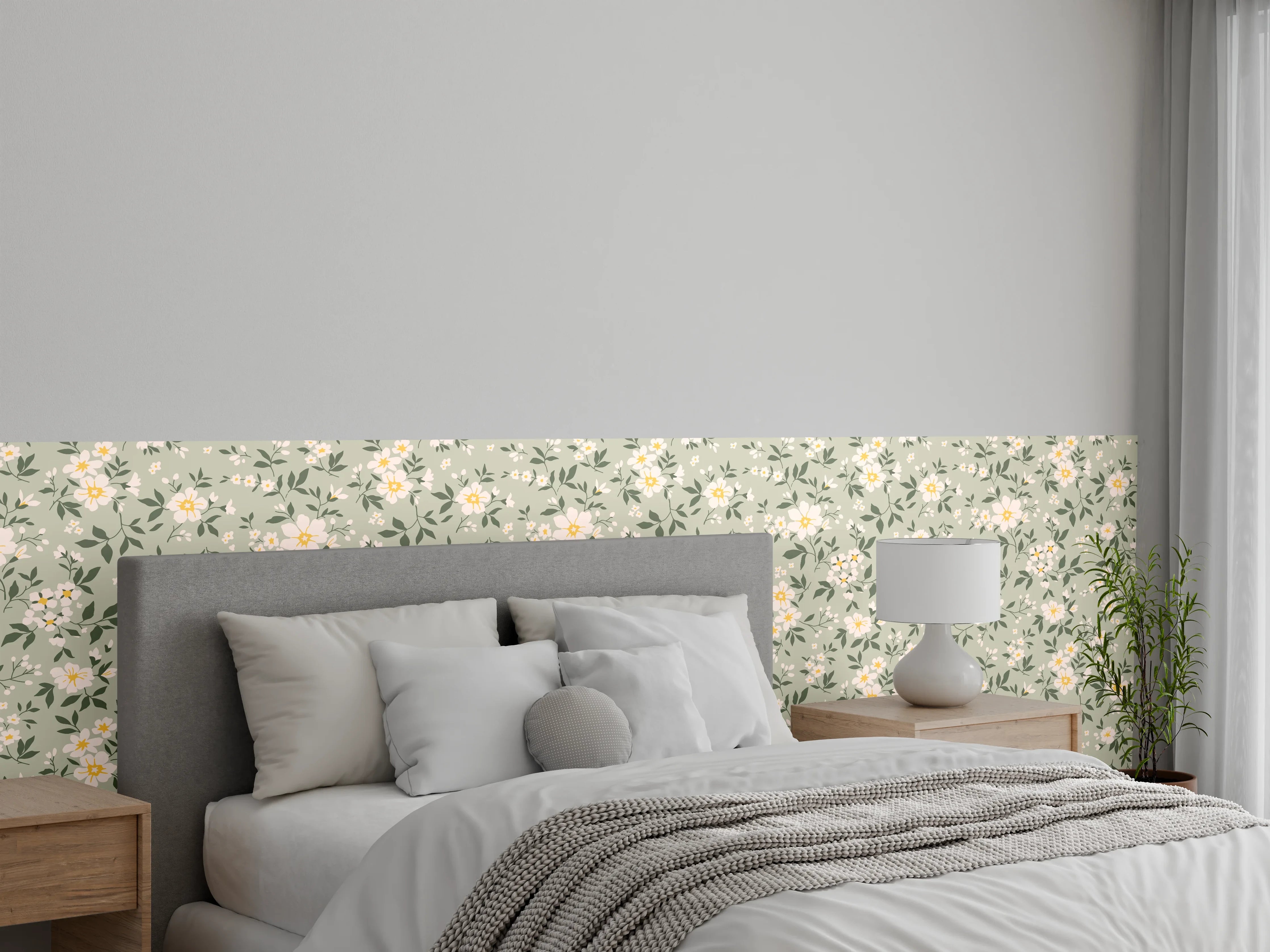 Wandverkleidung Schlafzimmer - Vintage Ditsy Blumenmuster Grün-Beige