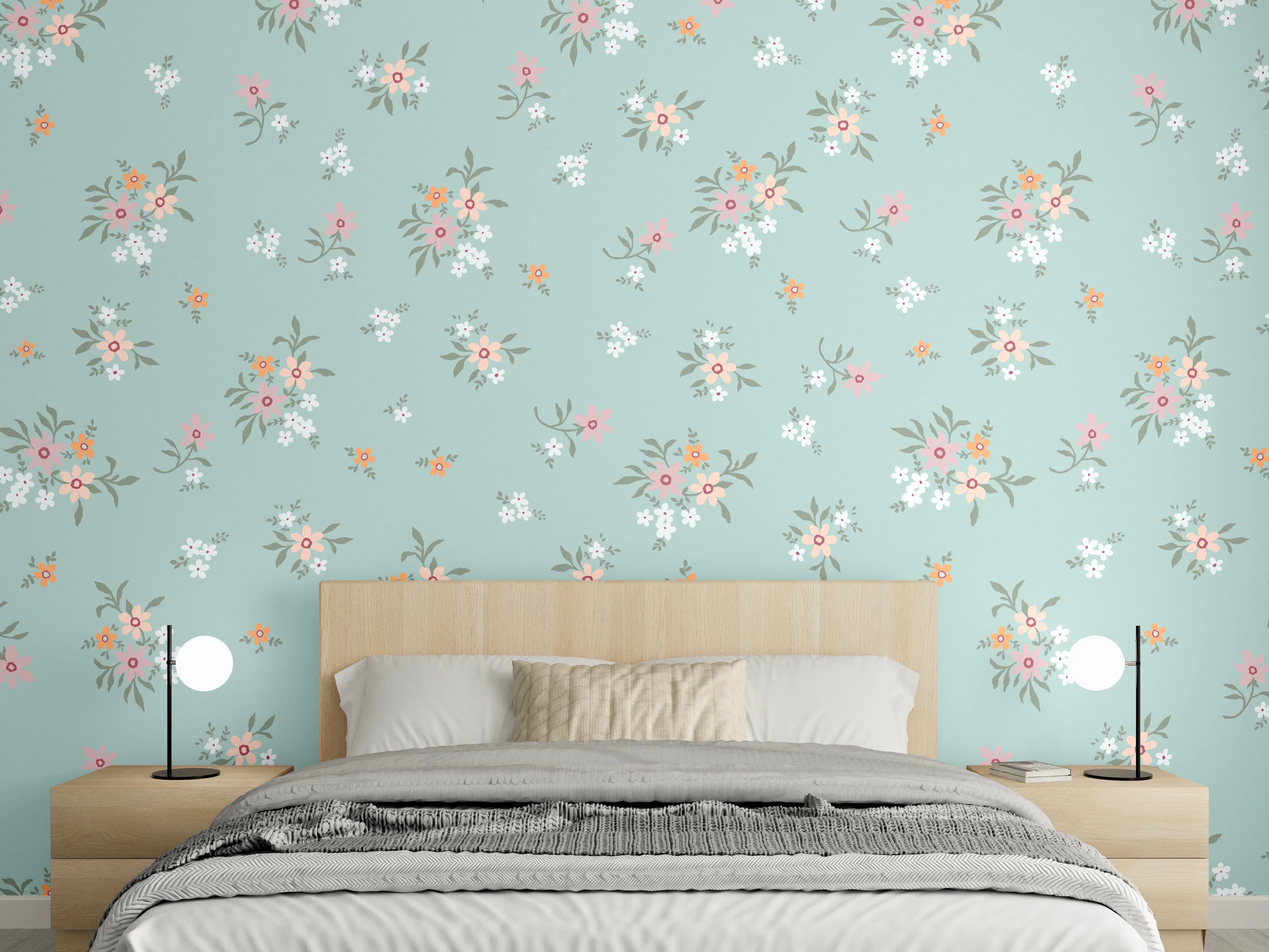 Wandverkleidung Schlafzimmer - Vintage Ditsy Blumenmuster Türkis