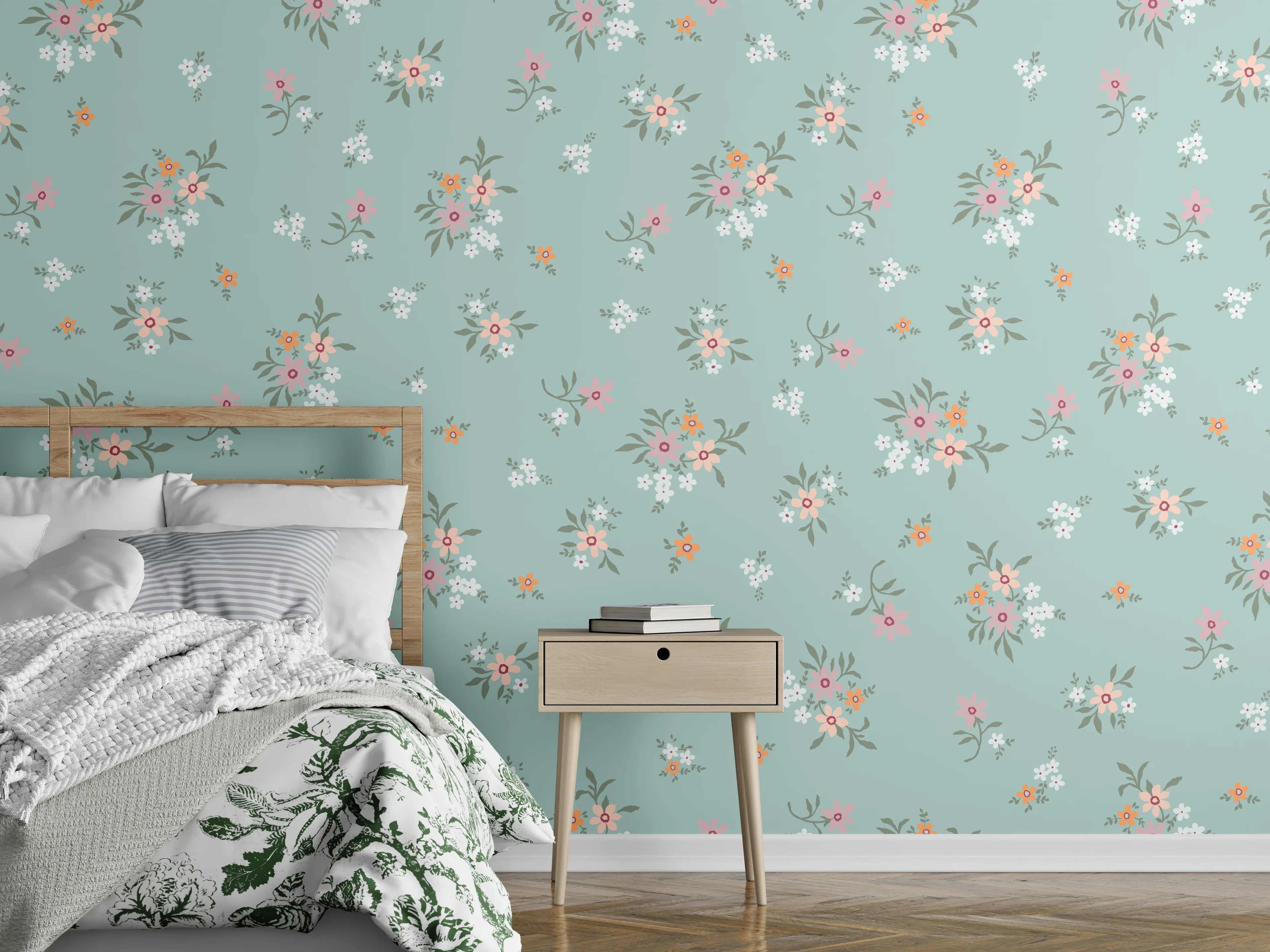 Wandverkleidung Schlafzimmer - Vintage Ditsy Blumenmuster Türkis