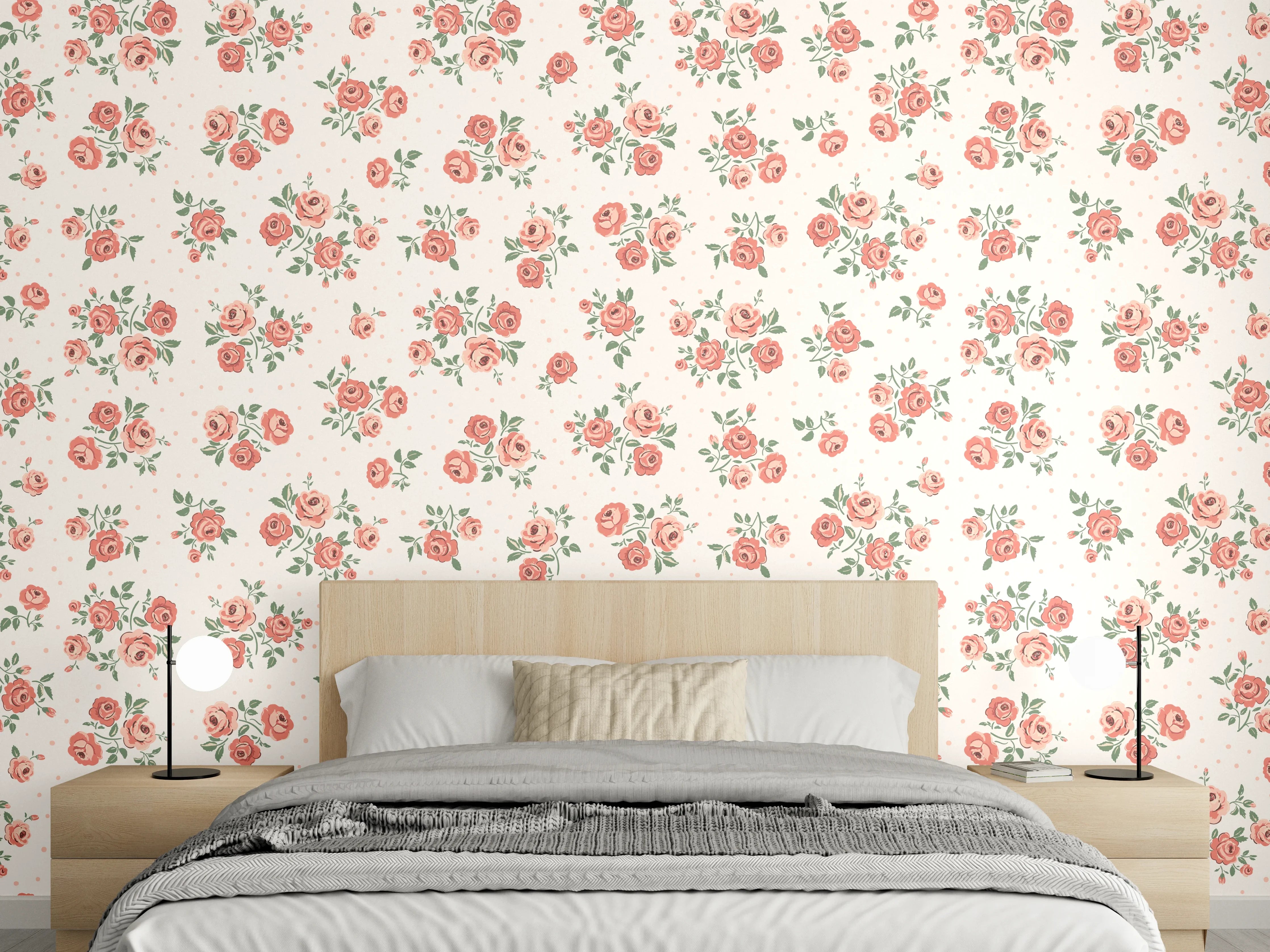 Wandverkleidung Schlafzimmer - Vintage Ditsy Rosenmuster Rosa-Beige