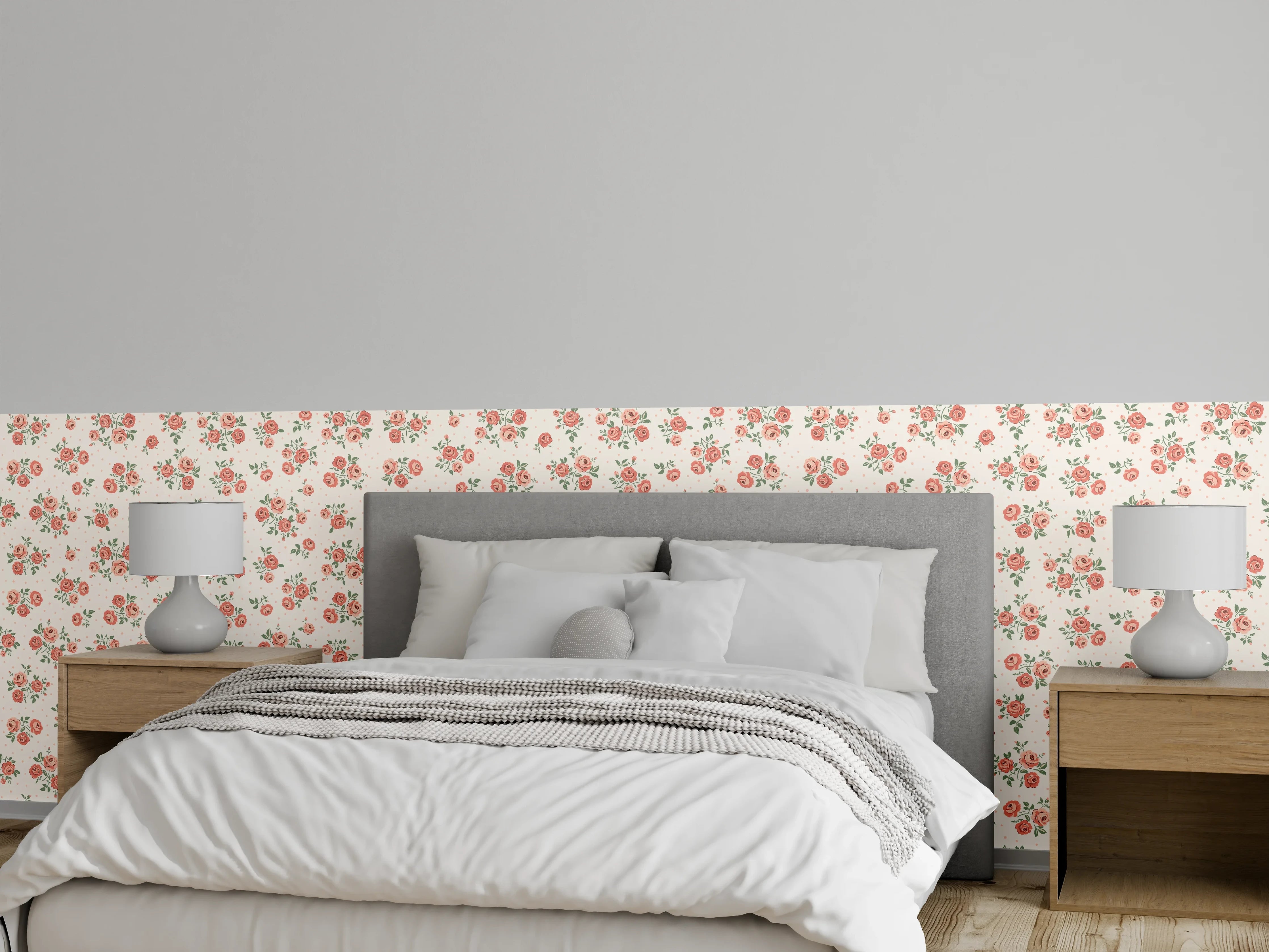 Wandverkleidung Schlafzimmer - Vintage Ditsy Rosenmuster Rosa-Beige