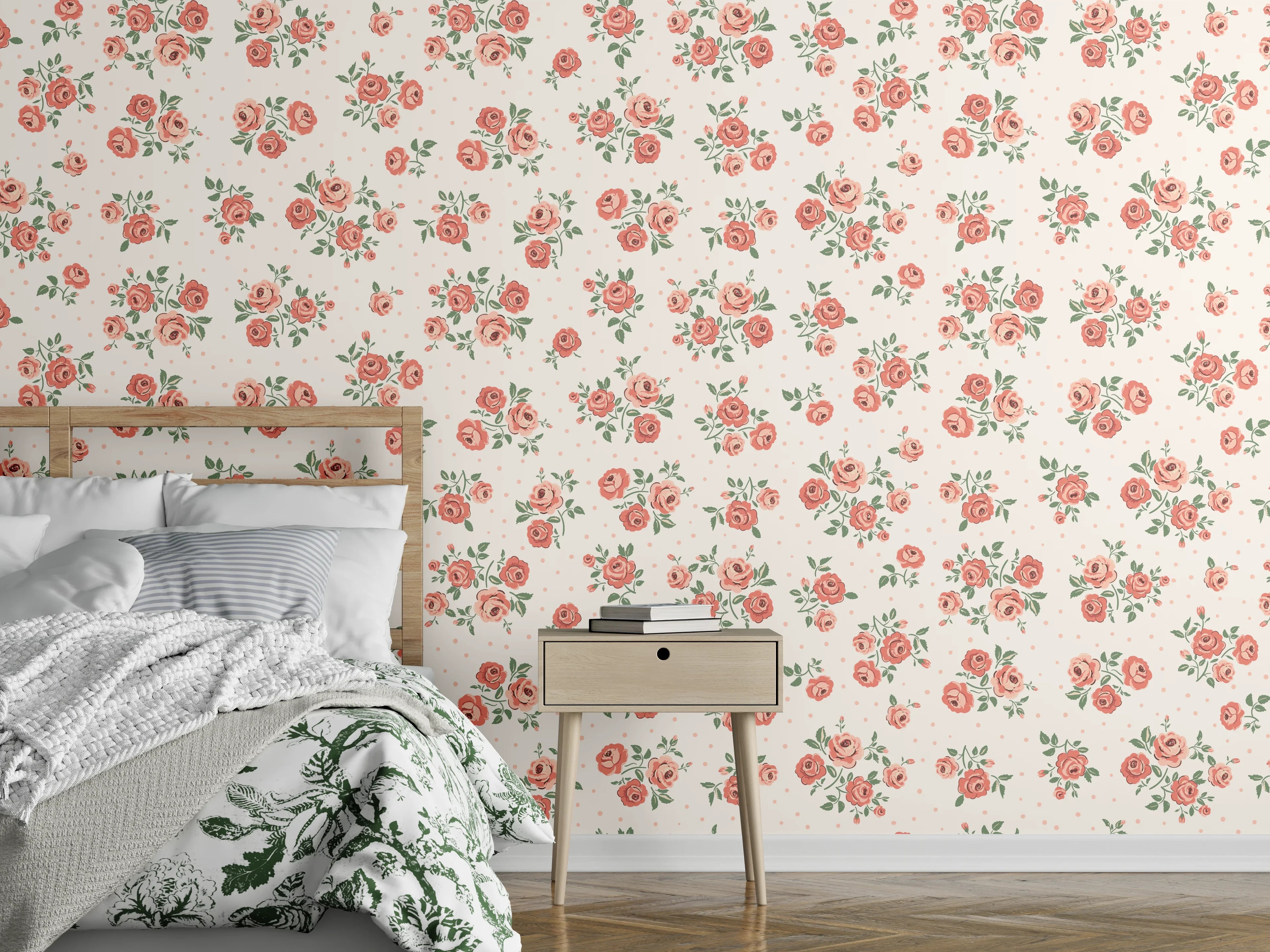 Wandverkleidung Schlafzimmer - Vintage Ditsy Rosenmuster Rosa-Beige