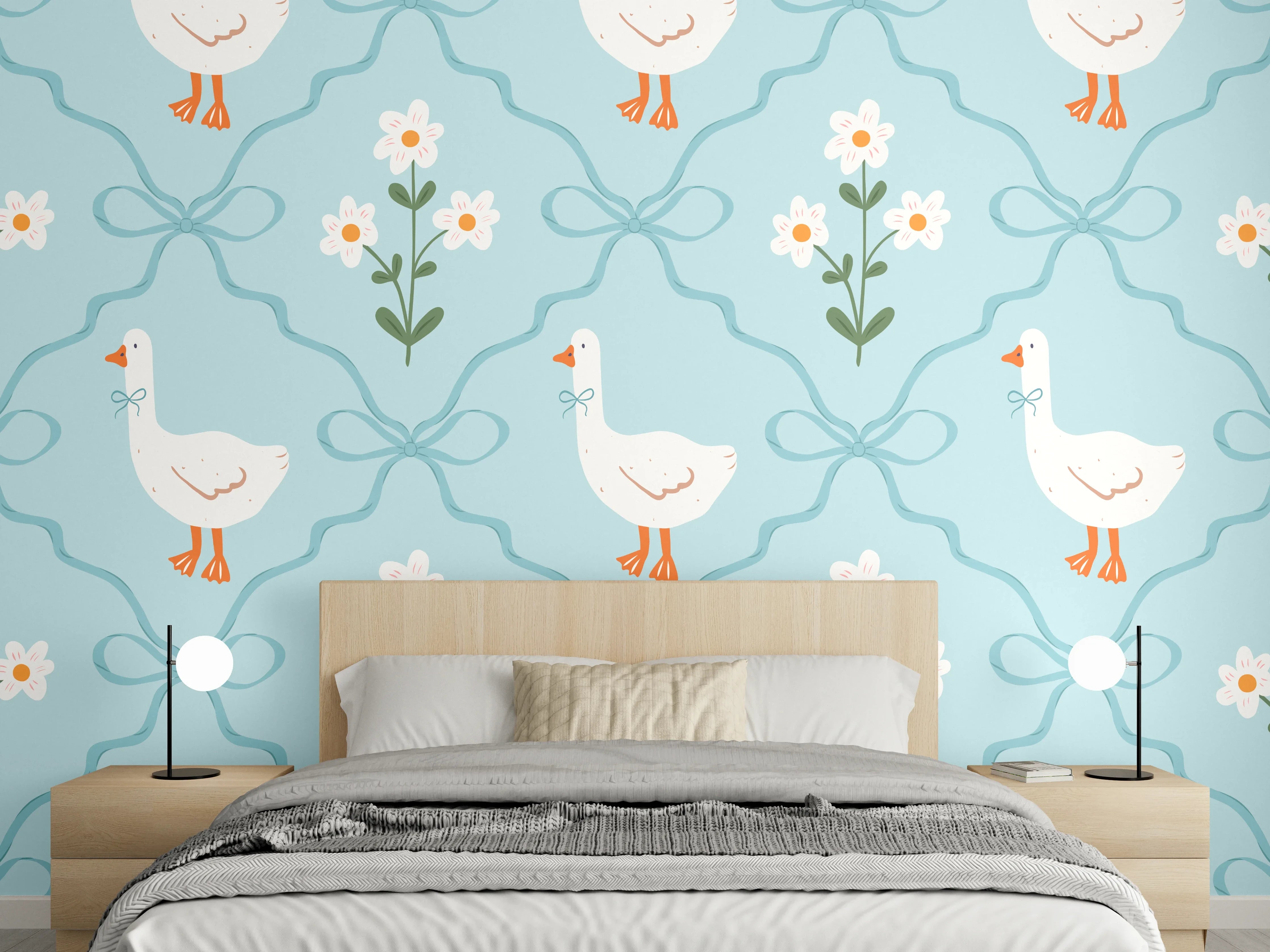 Wandverkleidung Schlafzimmer - Vintage Gänse Tapete Türkis