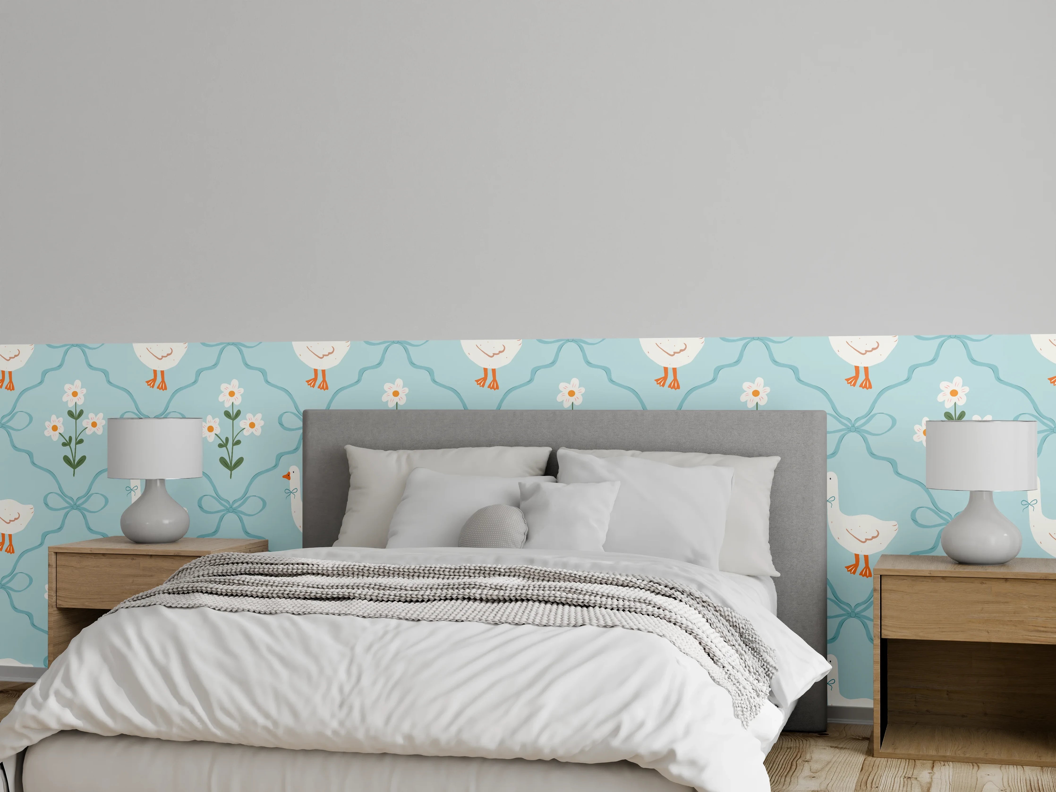 Wandverkleidung Schlafzimmer - Vintage Gänse Tapete Türkis