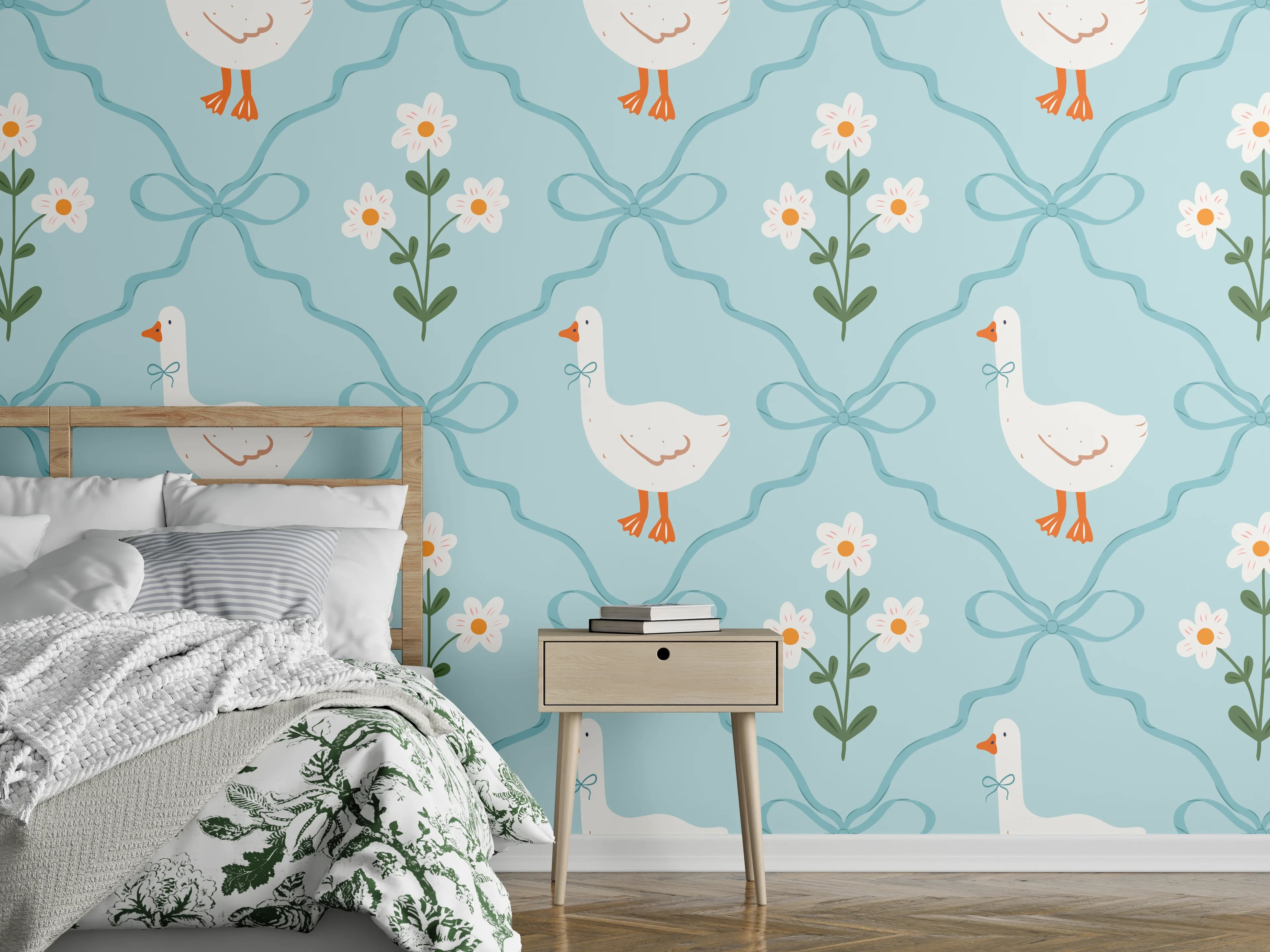 Wandverkleidung Schlafzimmer - Vintage Gänse Tapete Türkis