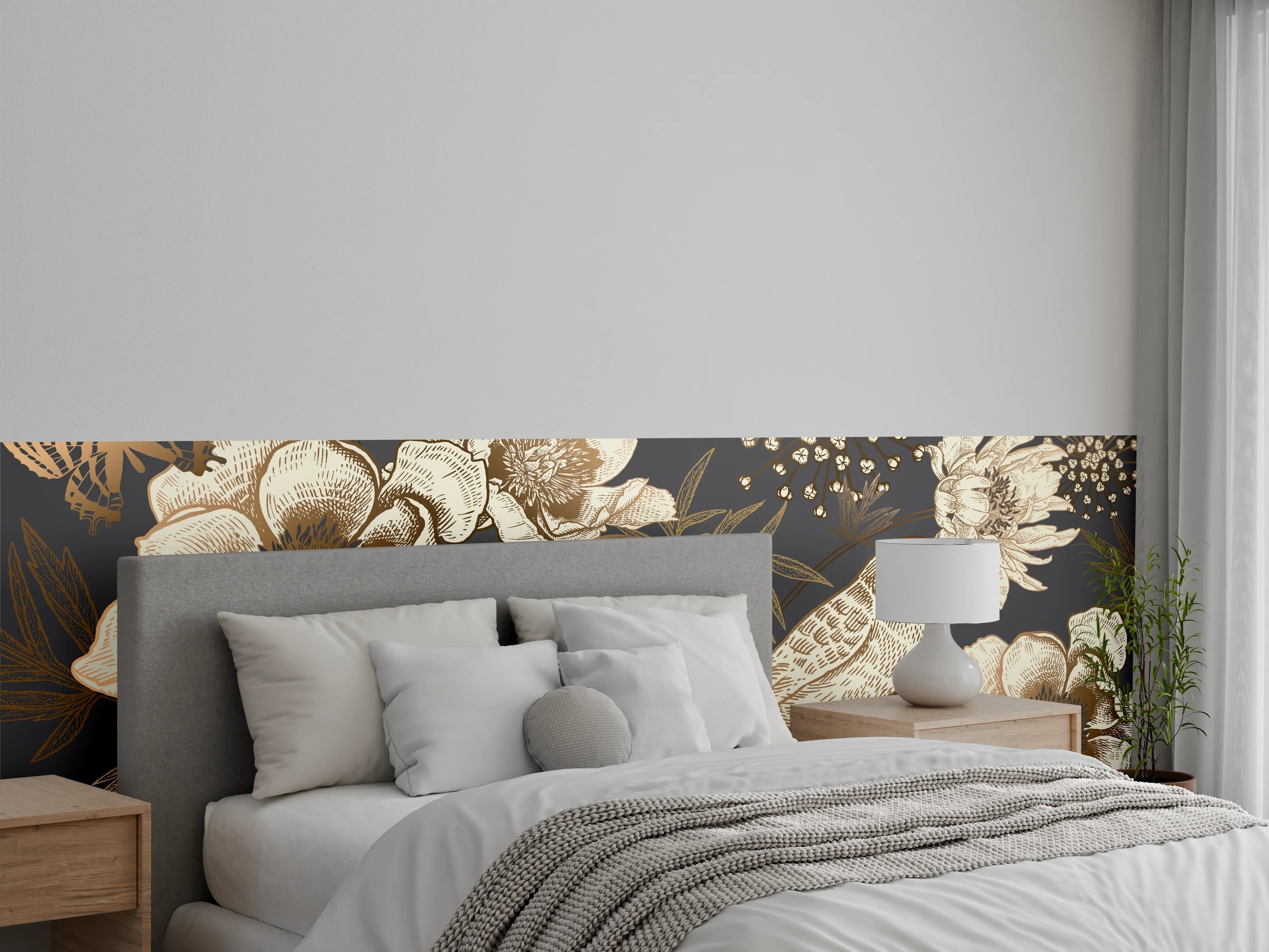 Wandverkleidung Schlafzimmer - Vintage Gold-Pfingstrosen-Muster