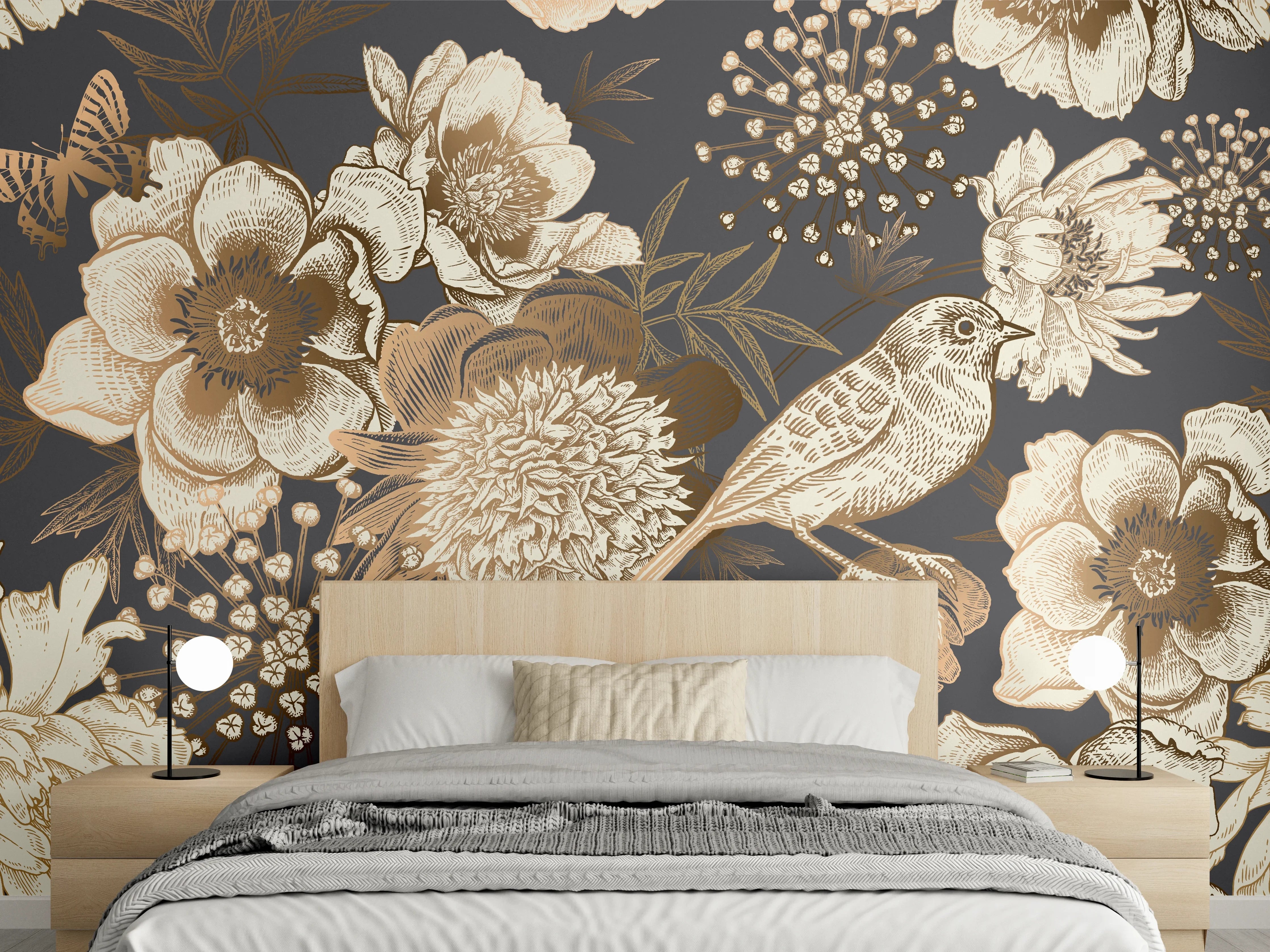 Wandverkleidung Schlafzimmer - Vintage Goldbraun Pfauenmuster