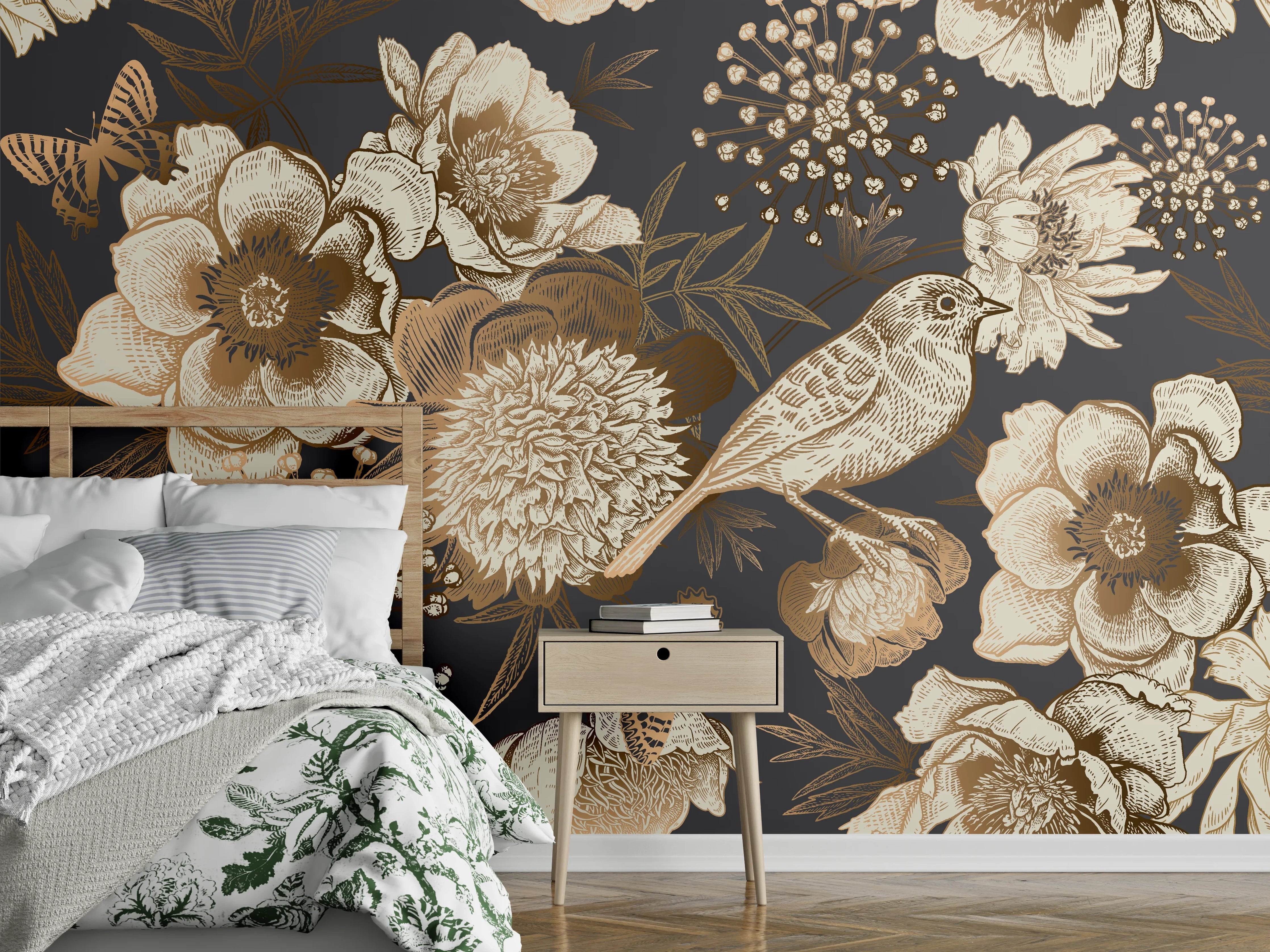 Wandverkleidung Schlafzimmer - Vintage Goldbraun Pfauenmuster