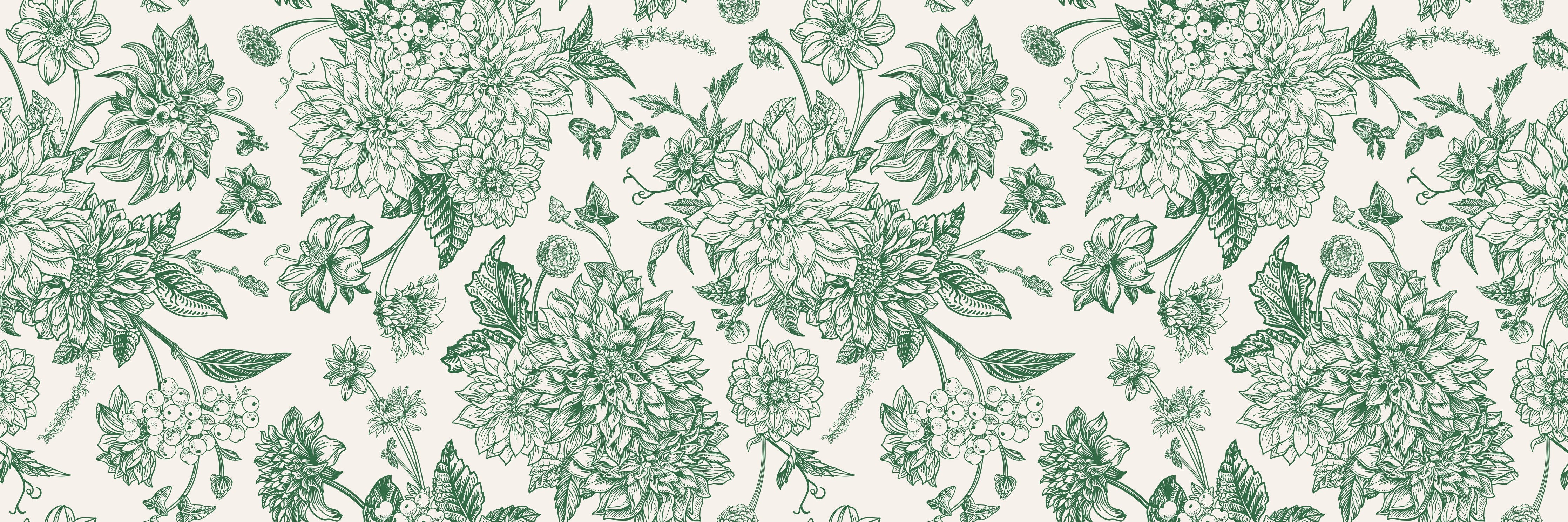 Wandverkleidung Schlafzimmer-Vintage Grün Blumen Lineart