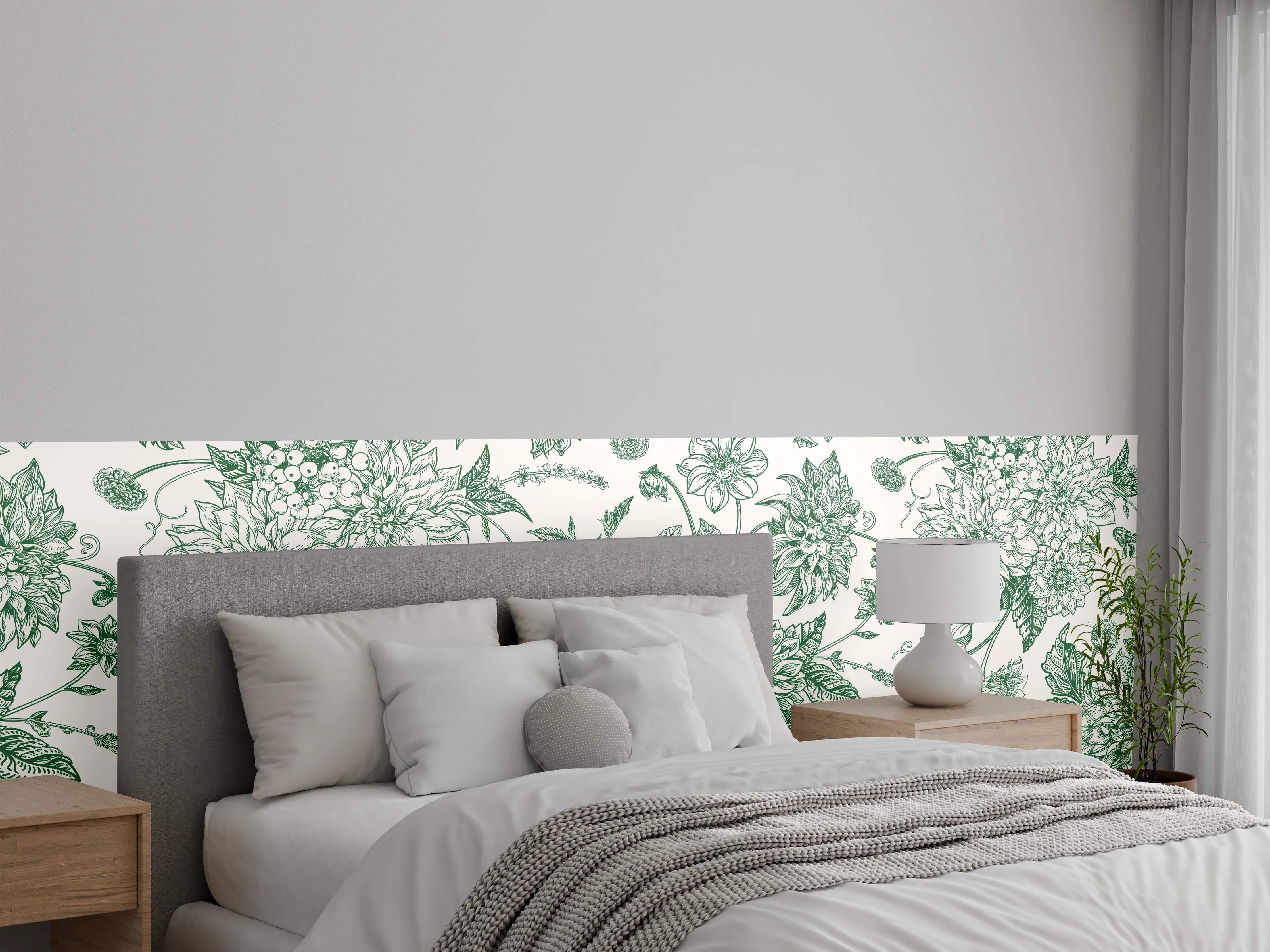 Wandverkleidung Schlafzimmer - Vintage Grün Blumen Lineart