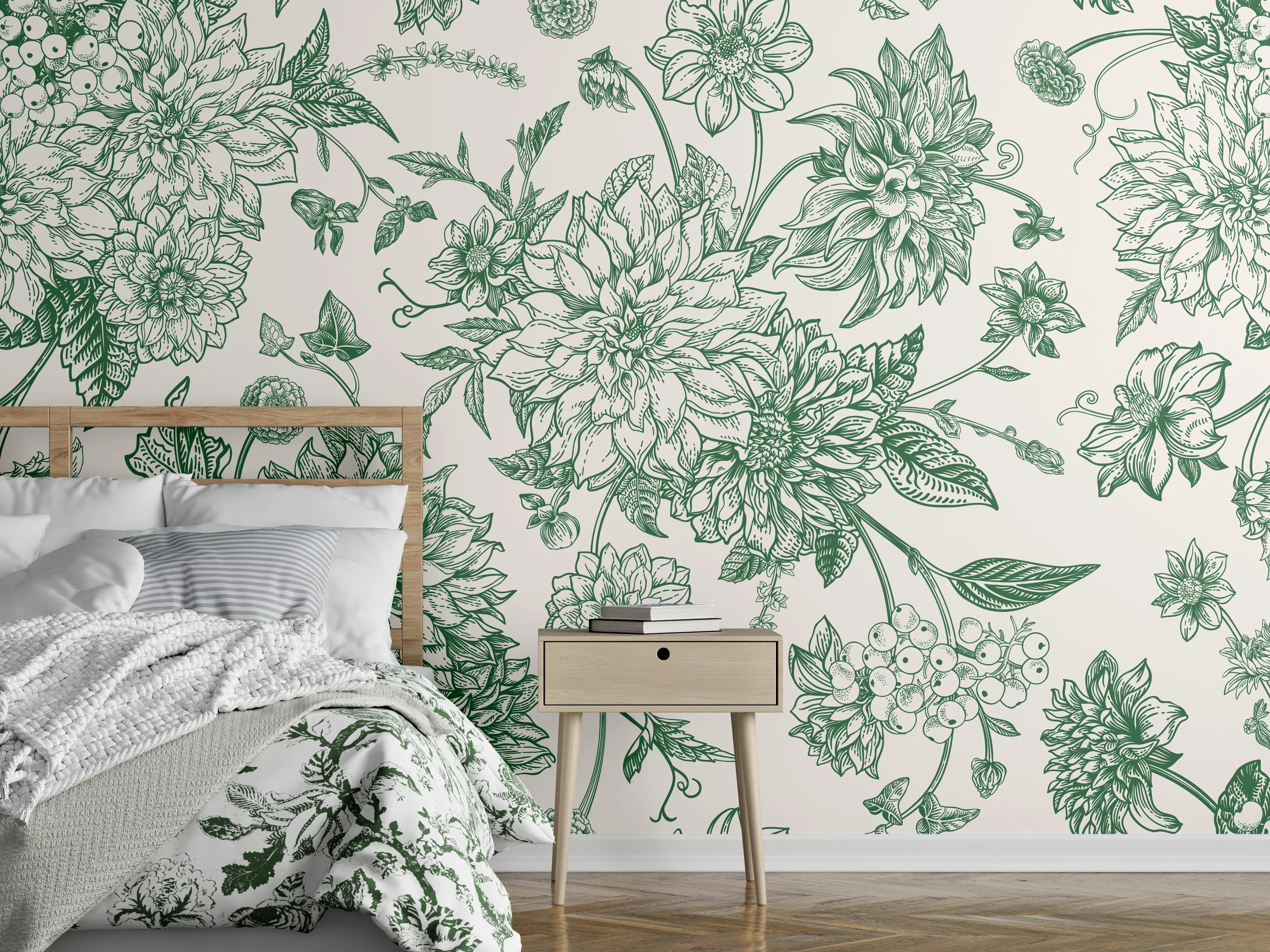 Wandverkleidung Schlafzimmer - Vintage Grün Blumen Lineart