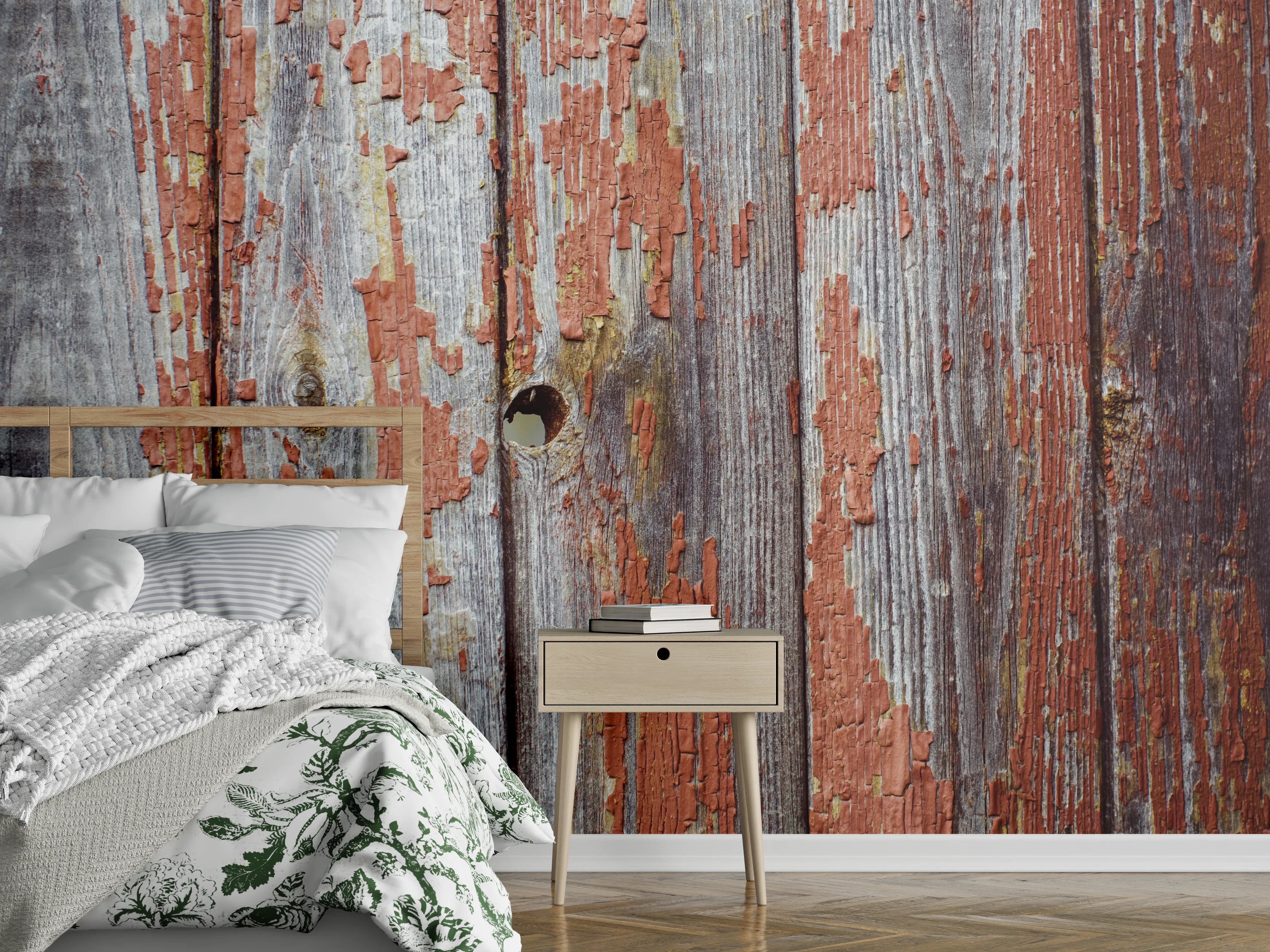 Wandverkleidung Schlafzimmer - Vintage Holzoptik mit rotem Patinaeffekt