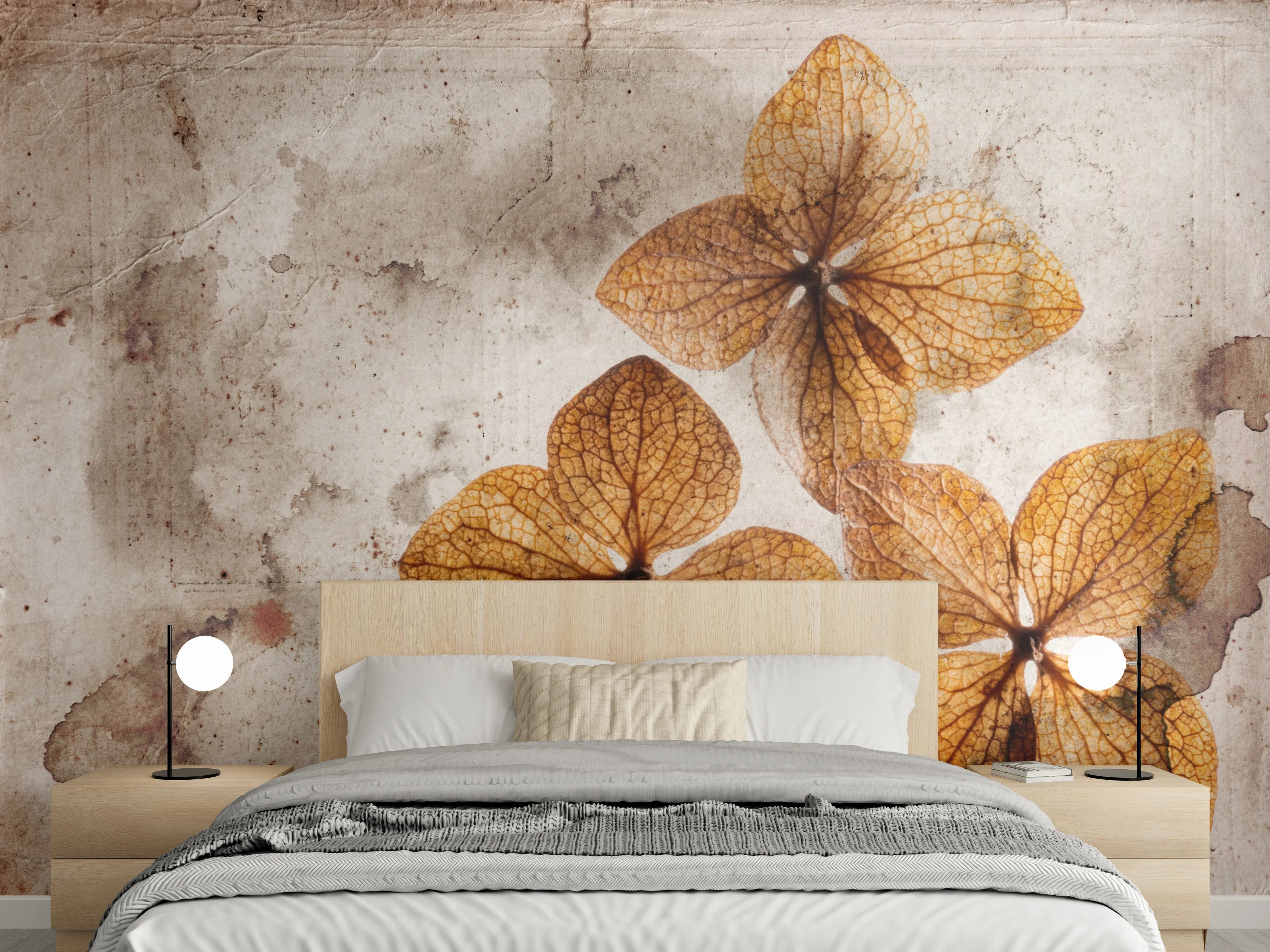 Wandverkleidung Schlafzimmer - Vintage Hortensienblüten auf Shabby-Hintergrund