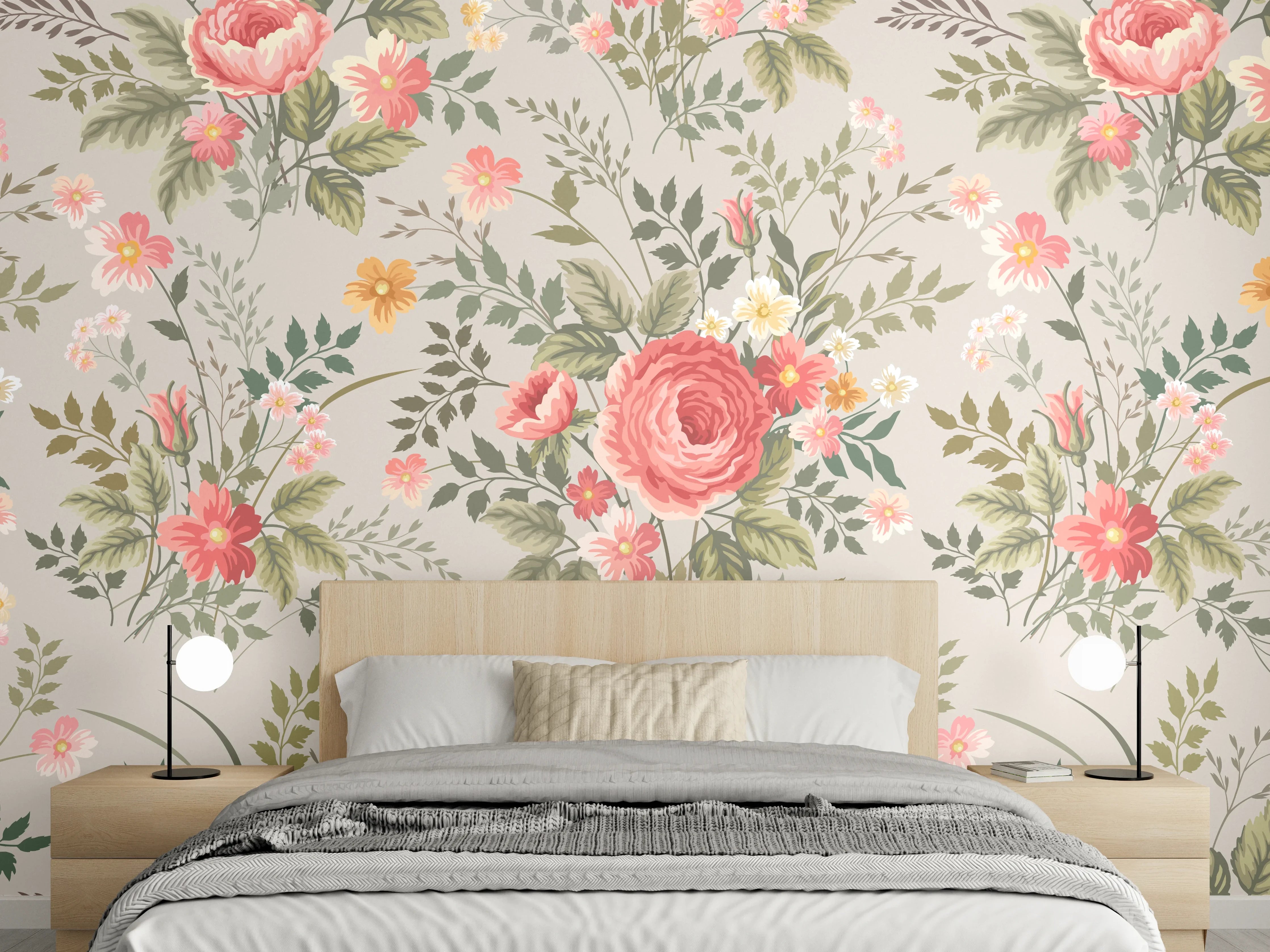 Wandverkleidung Schlafzimmer - Vintage Pfirsich-Blumenmuster