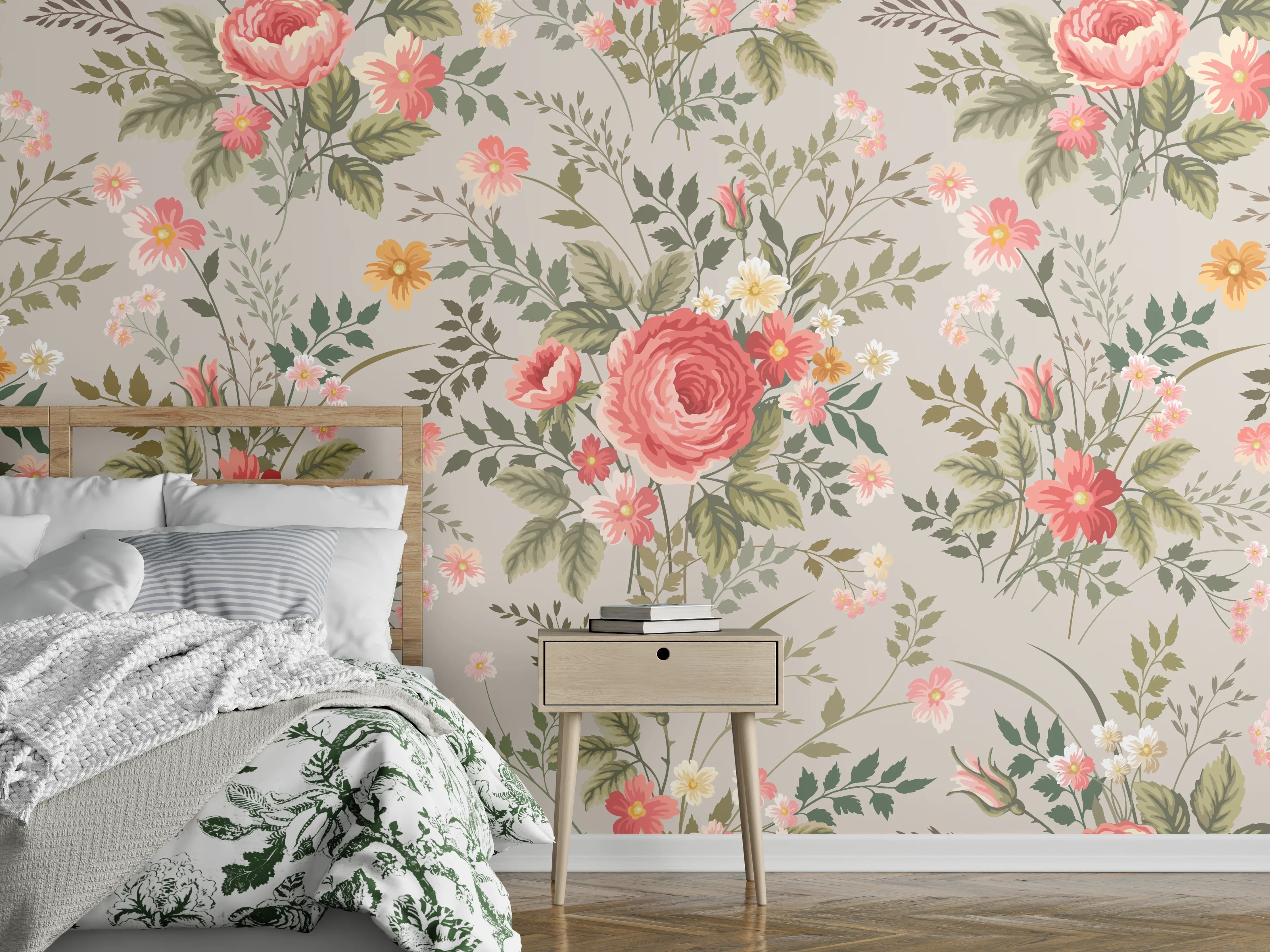 Wandverkleidung Schlafzimmer - Vintage Pfirsich-Blumenmuster