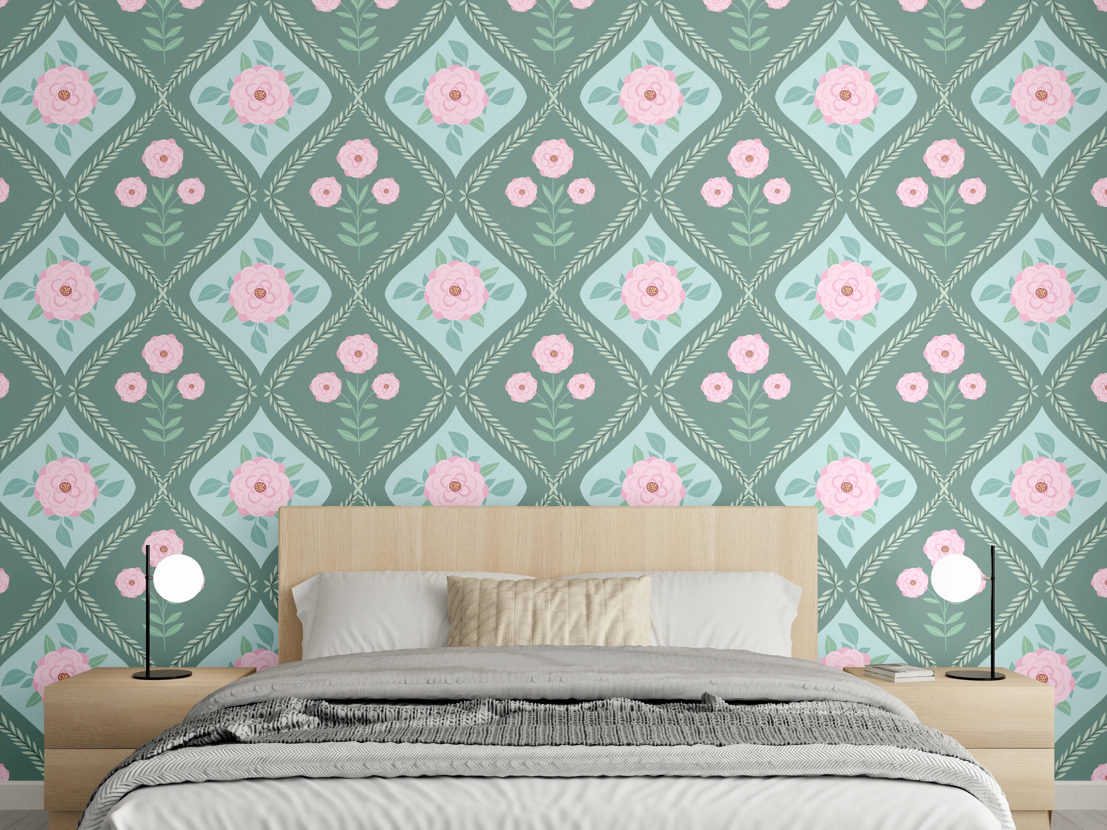 Wandverkleidung Schlafzimmer - Vintage Rosen Tapete Grün-Rosa