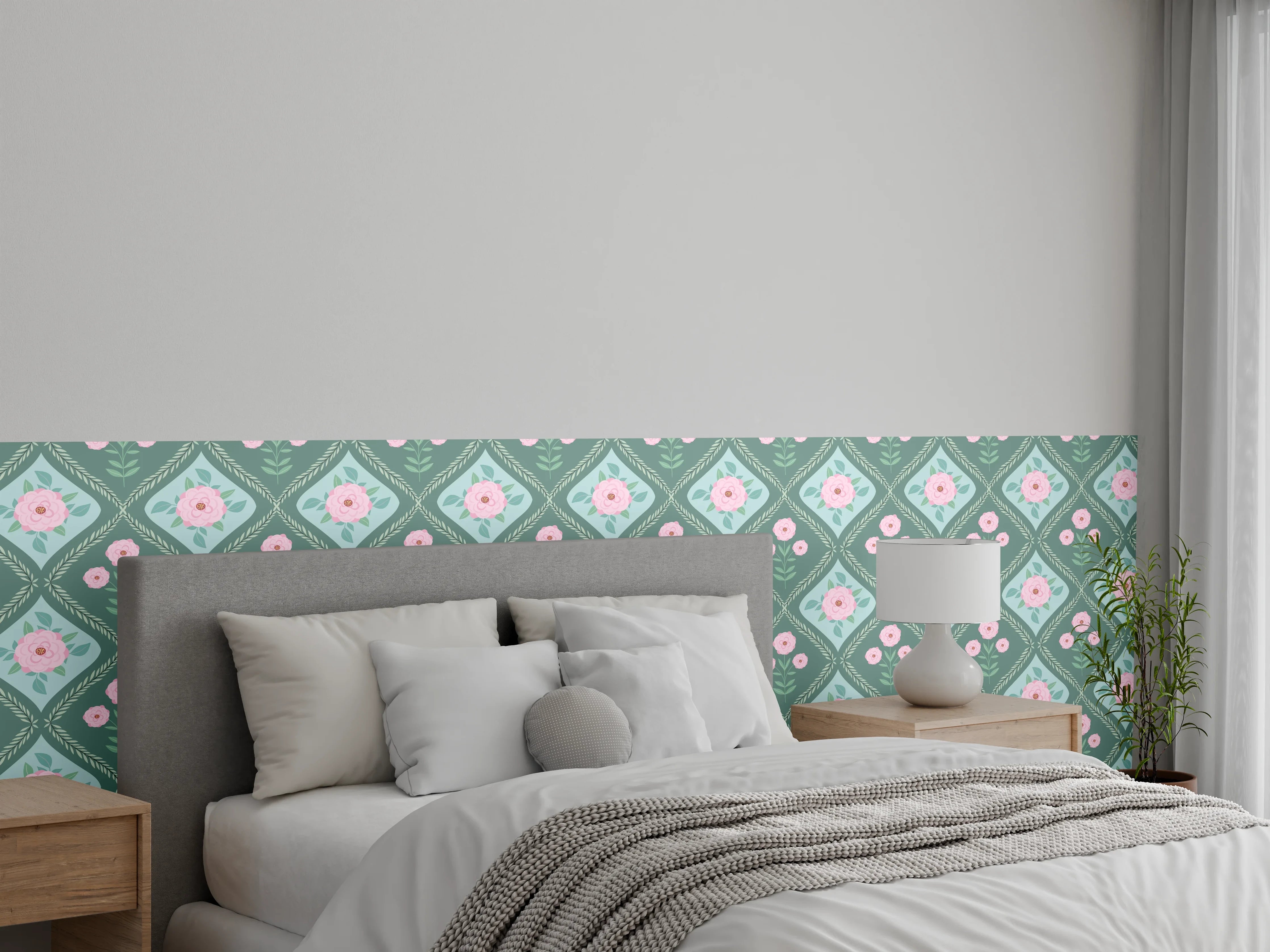Wandverkleidung Schlafzimmer - Vintage Rosen Tapete Grün-Rosa