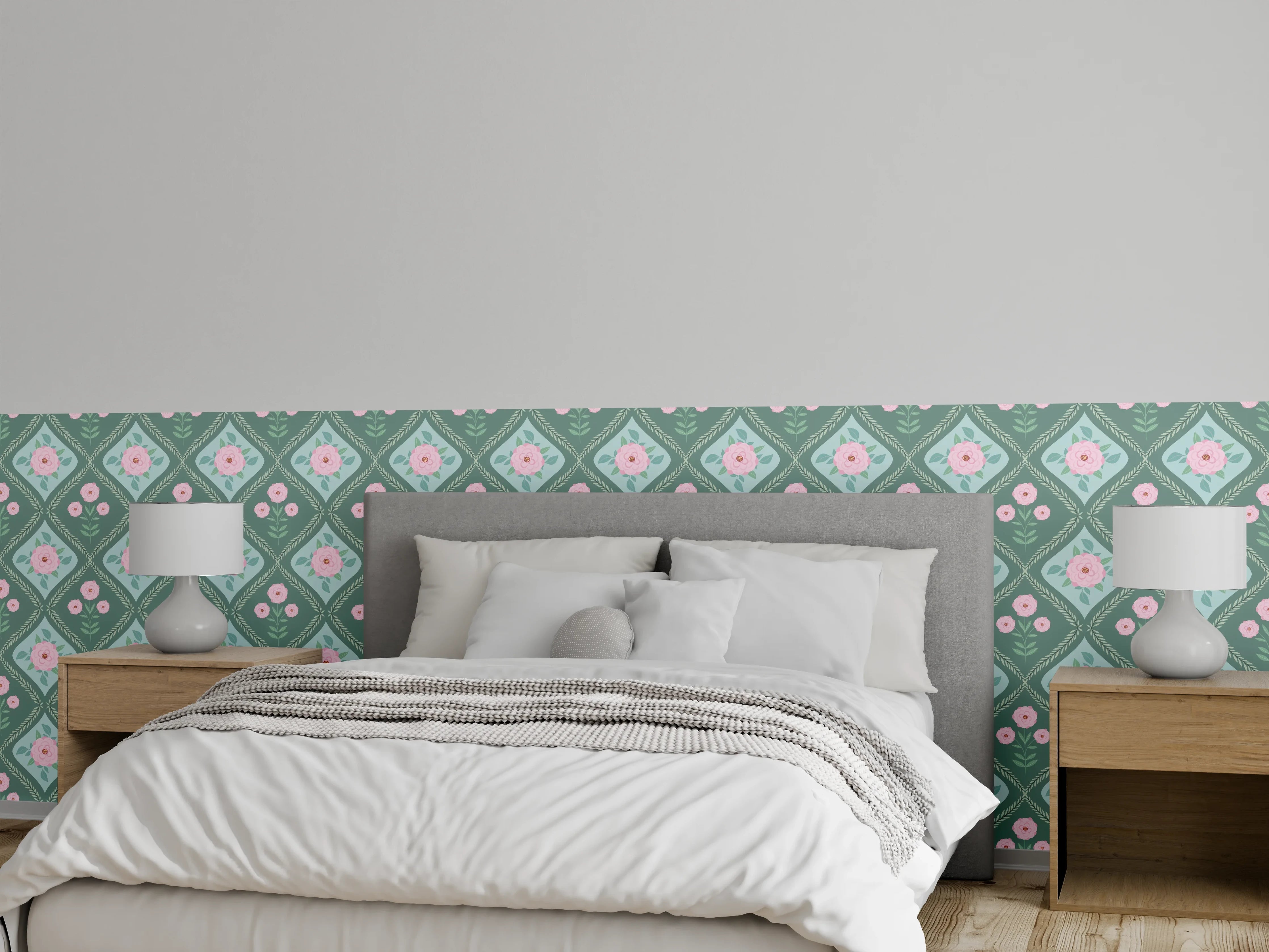 Wandverkleidung Schlafzimmer - Vintage Rosen Tapete Grün-Rosa