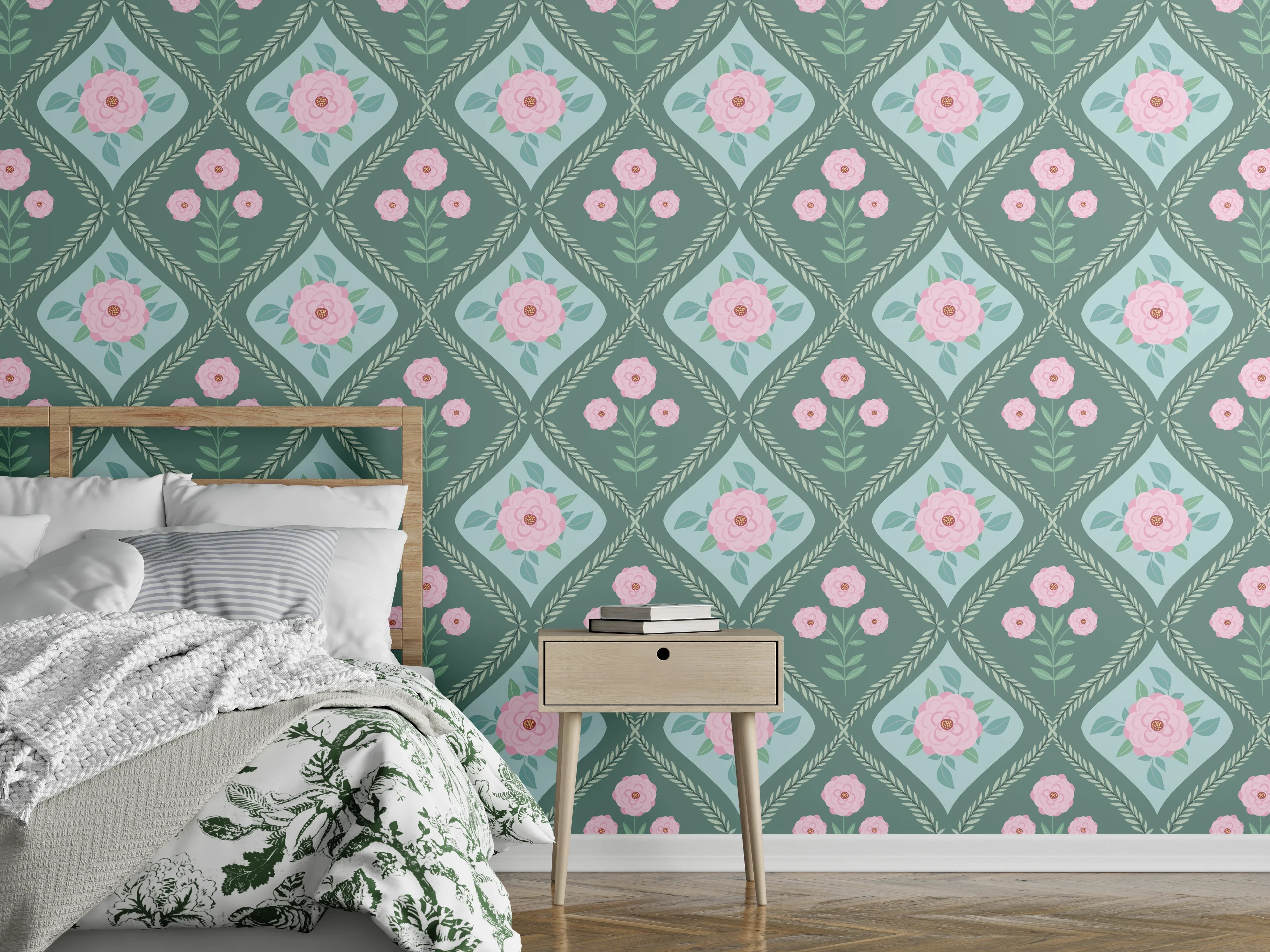 Wandverkleidung Schlafzimmer - Vintage Rosen Tapete Grün-Rosa