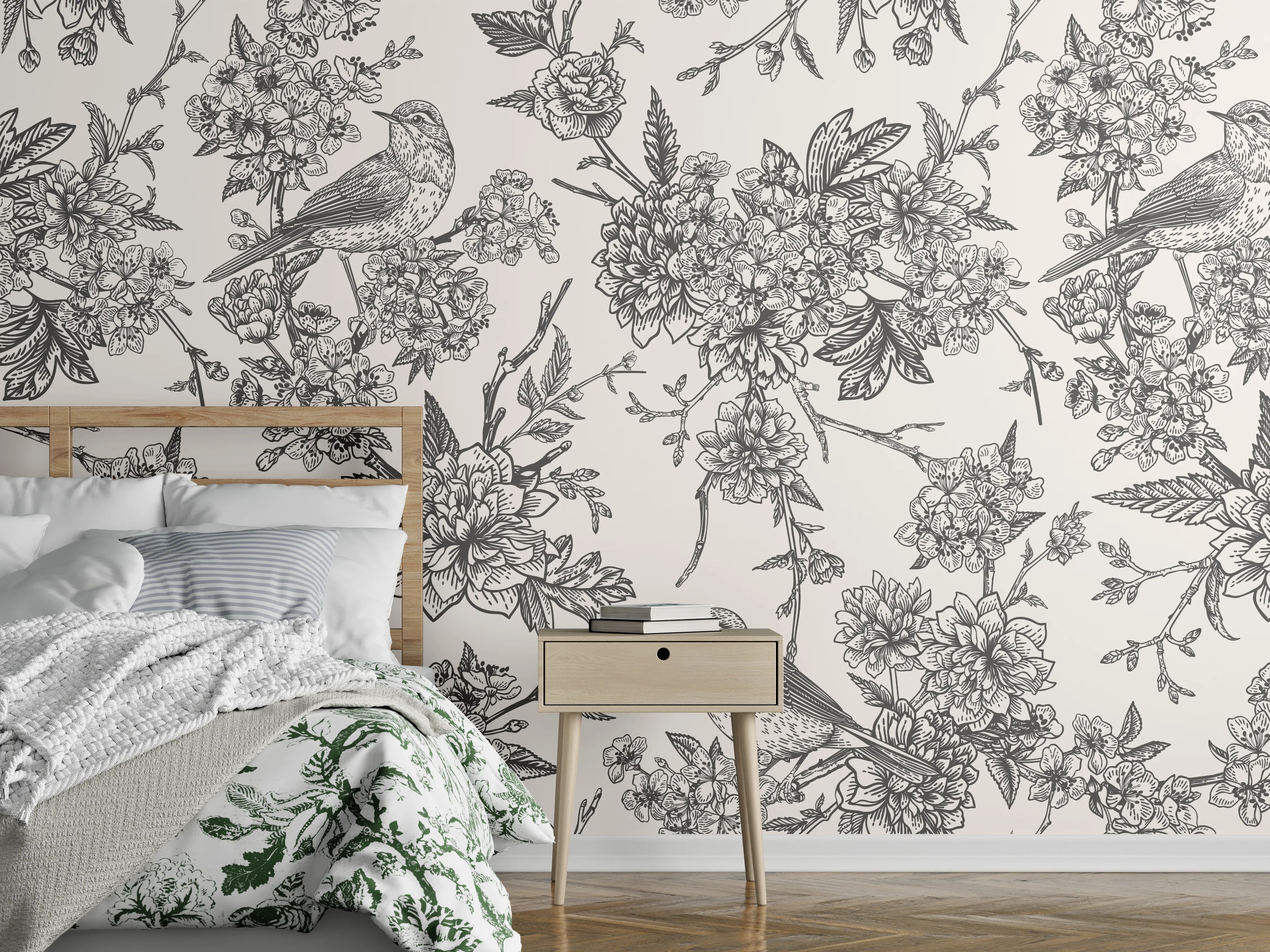 Wandverkleidung Schlafzimmer - Vintage Schwarzweiß Blumenmuster