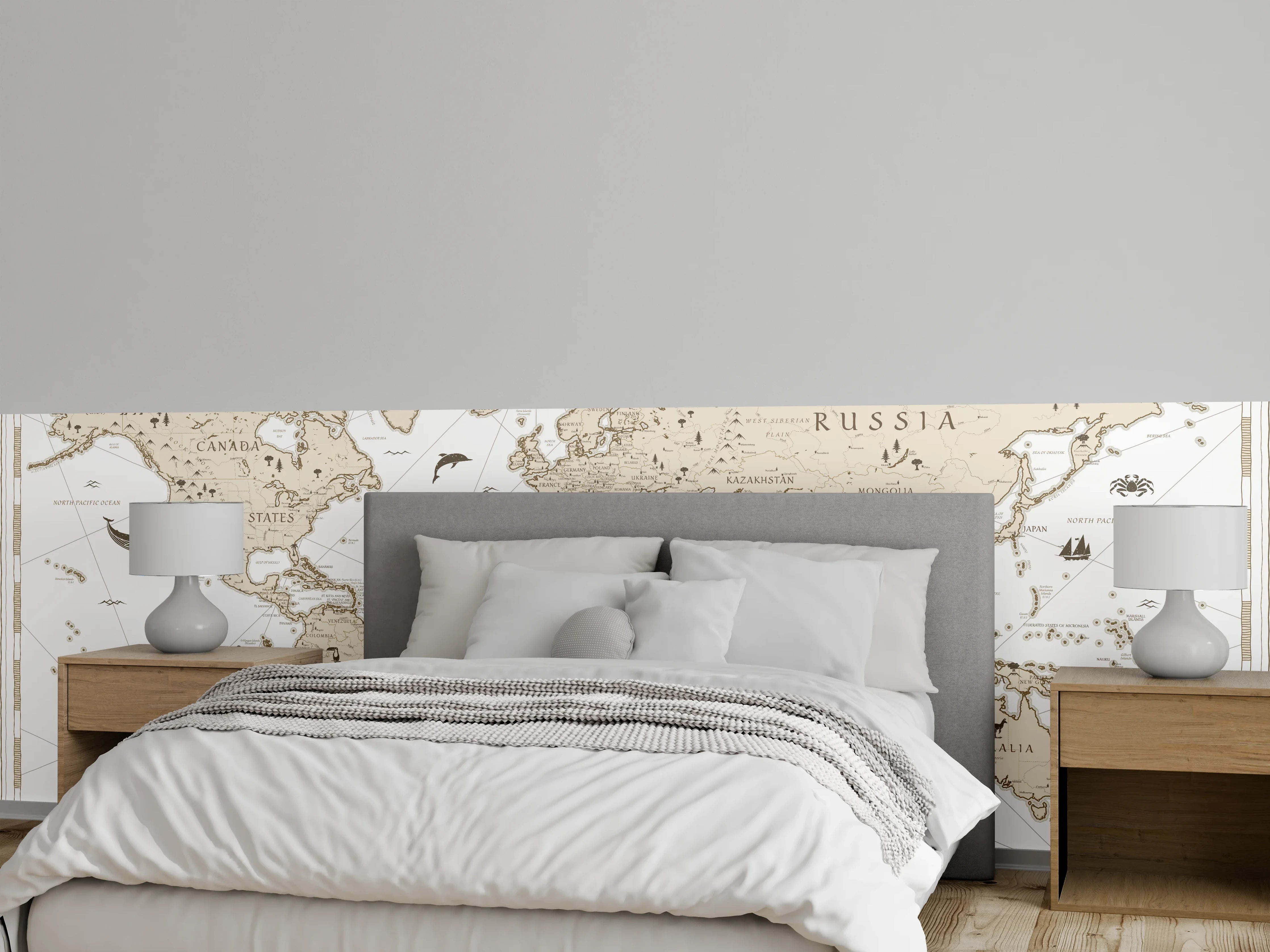 Wandverkleidung Schlafzimmer - Vintage Weltkarte in Beige