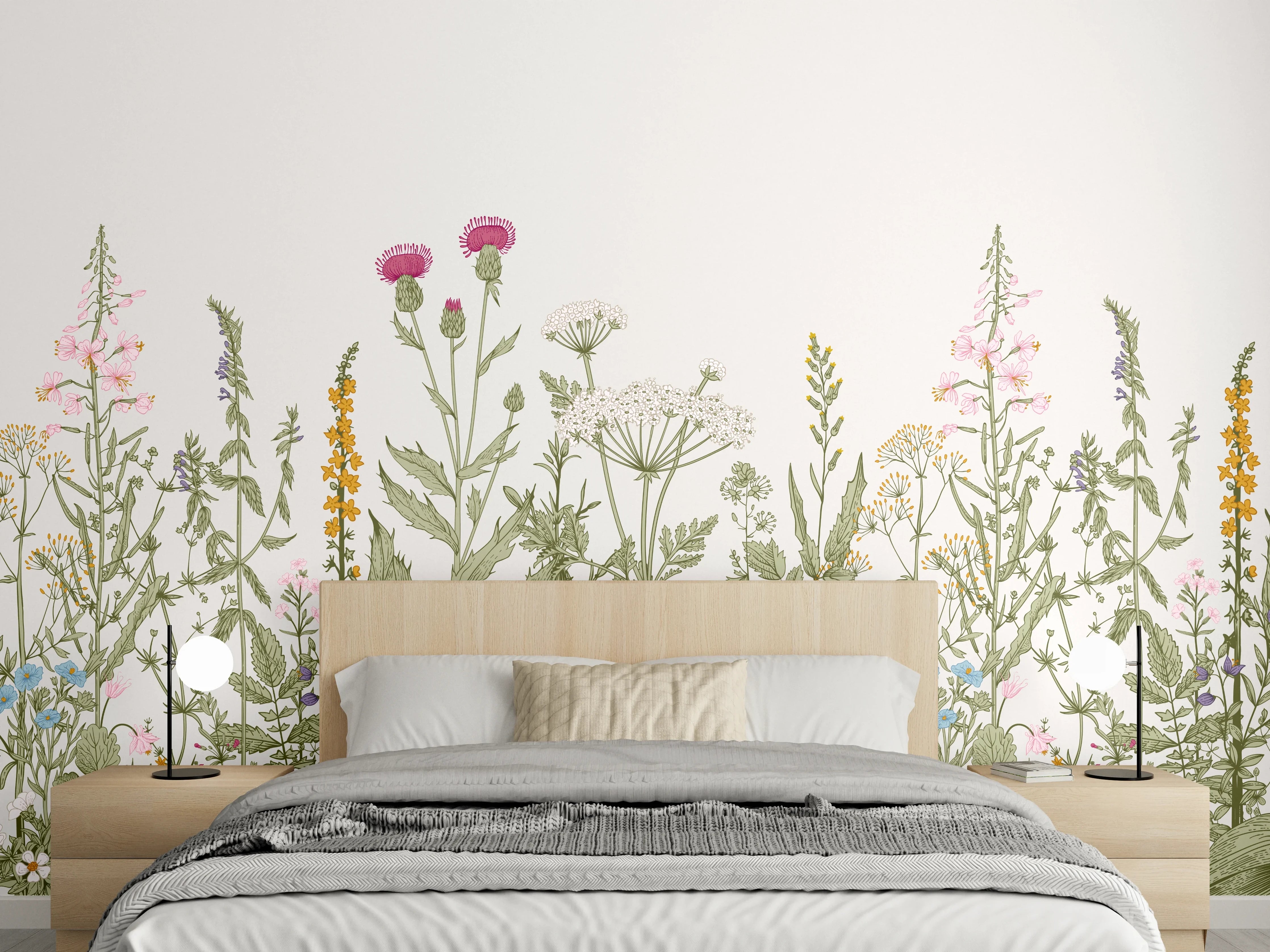 Wandverkleidung Schlafzimmer - Vintage Wiesenblumen Bordüre Beige-Grün