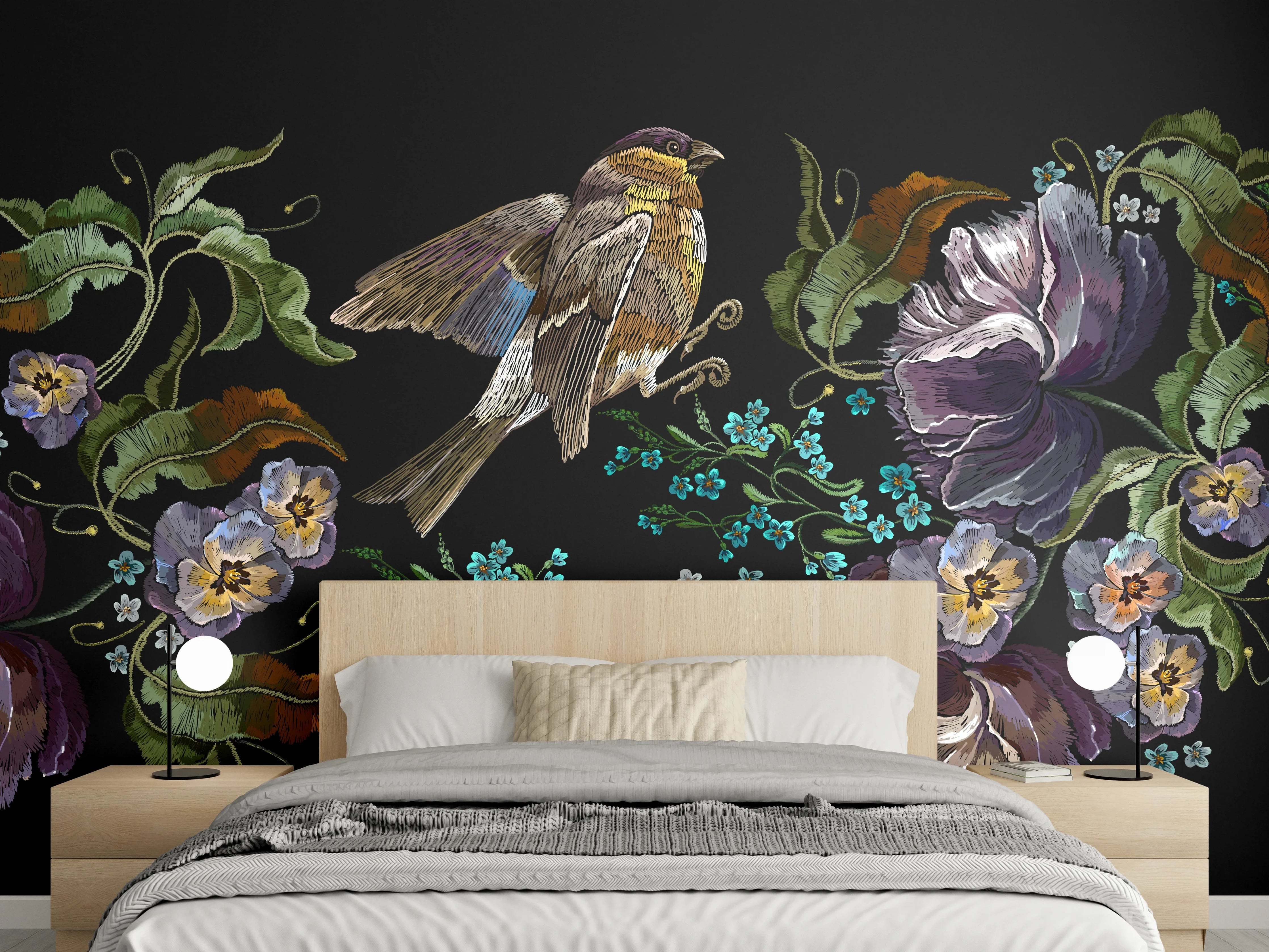 Wandverkleidung Schlafzimmer - Violette Blumen Vogelmuster Stickerei
