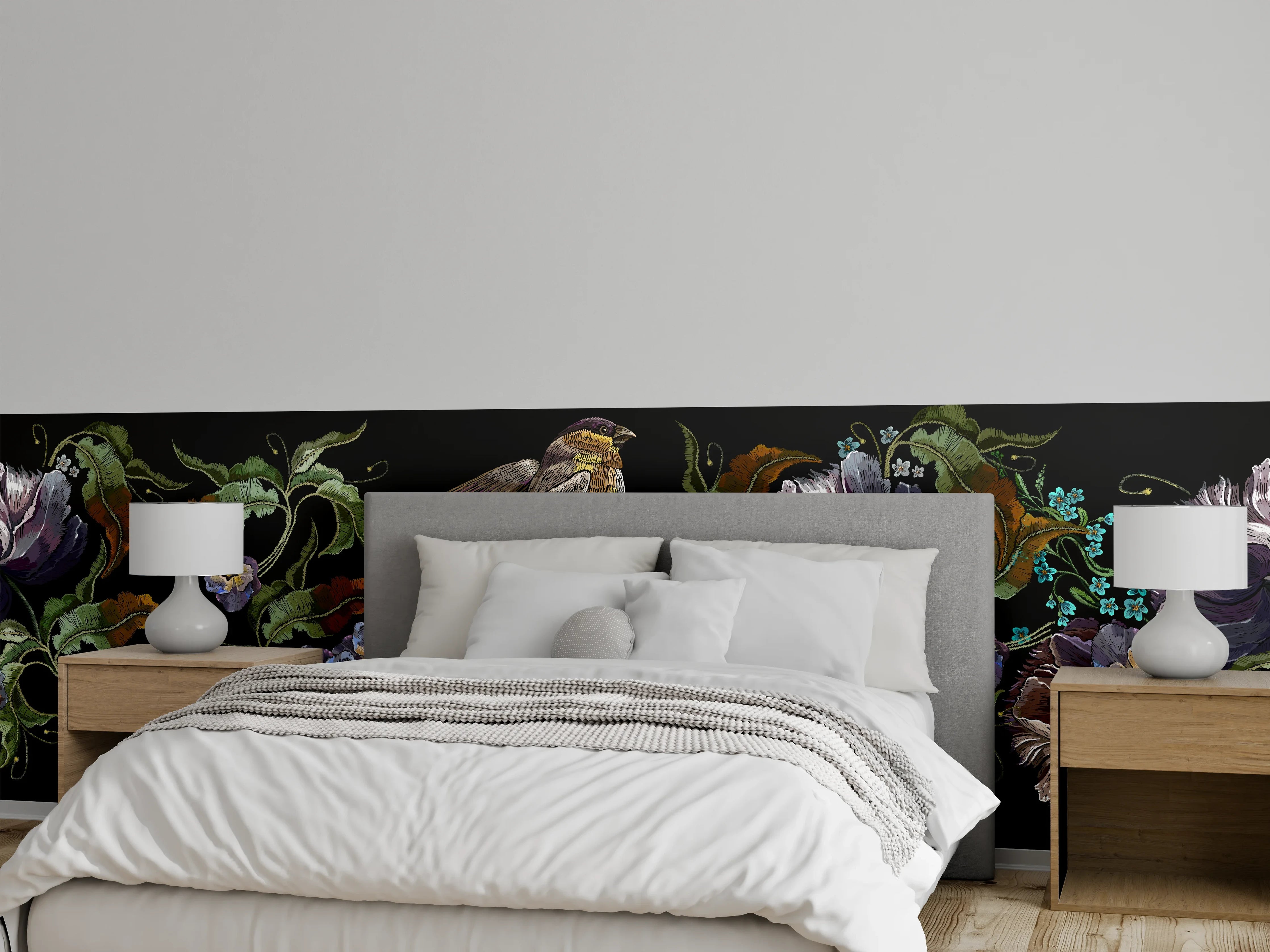Wandverkleidung Schlafzimmer - Violette Blumen Vogelmuster Stickerei
