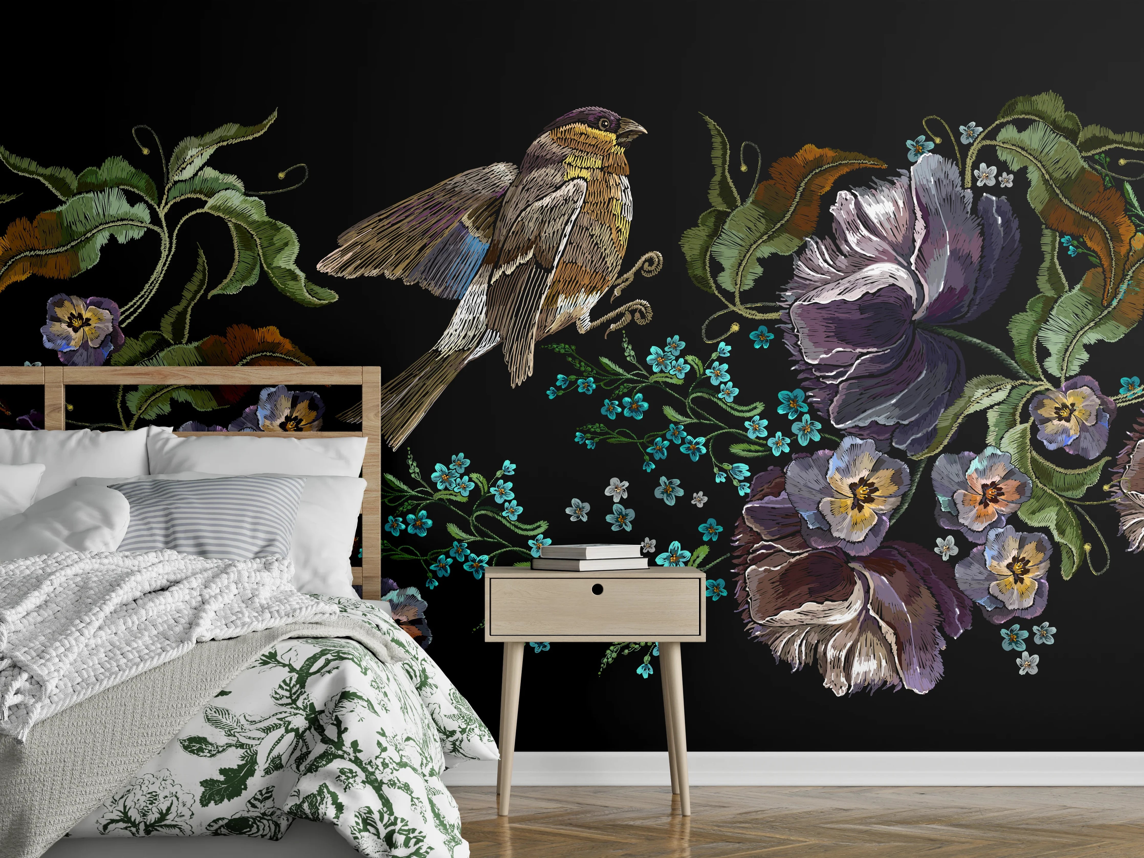 Wandverkleidung Schlafzimmer - Violette Blumen Vogelmuster Stickerei