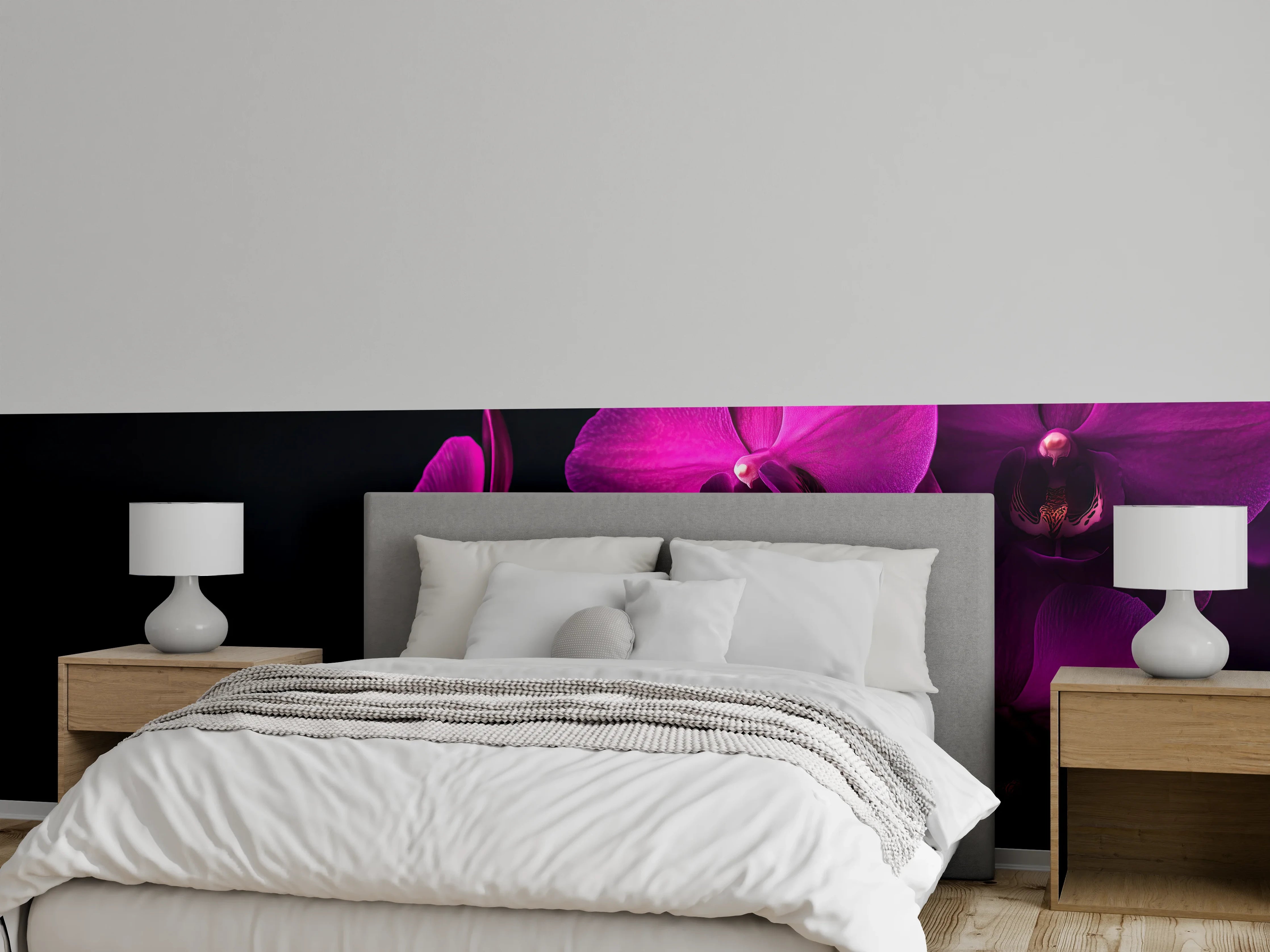 Wandverkleidung Schlafzimmer - Violette Orchideen auf Schwarz