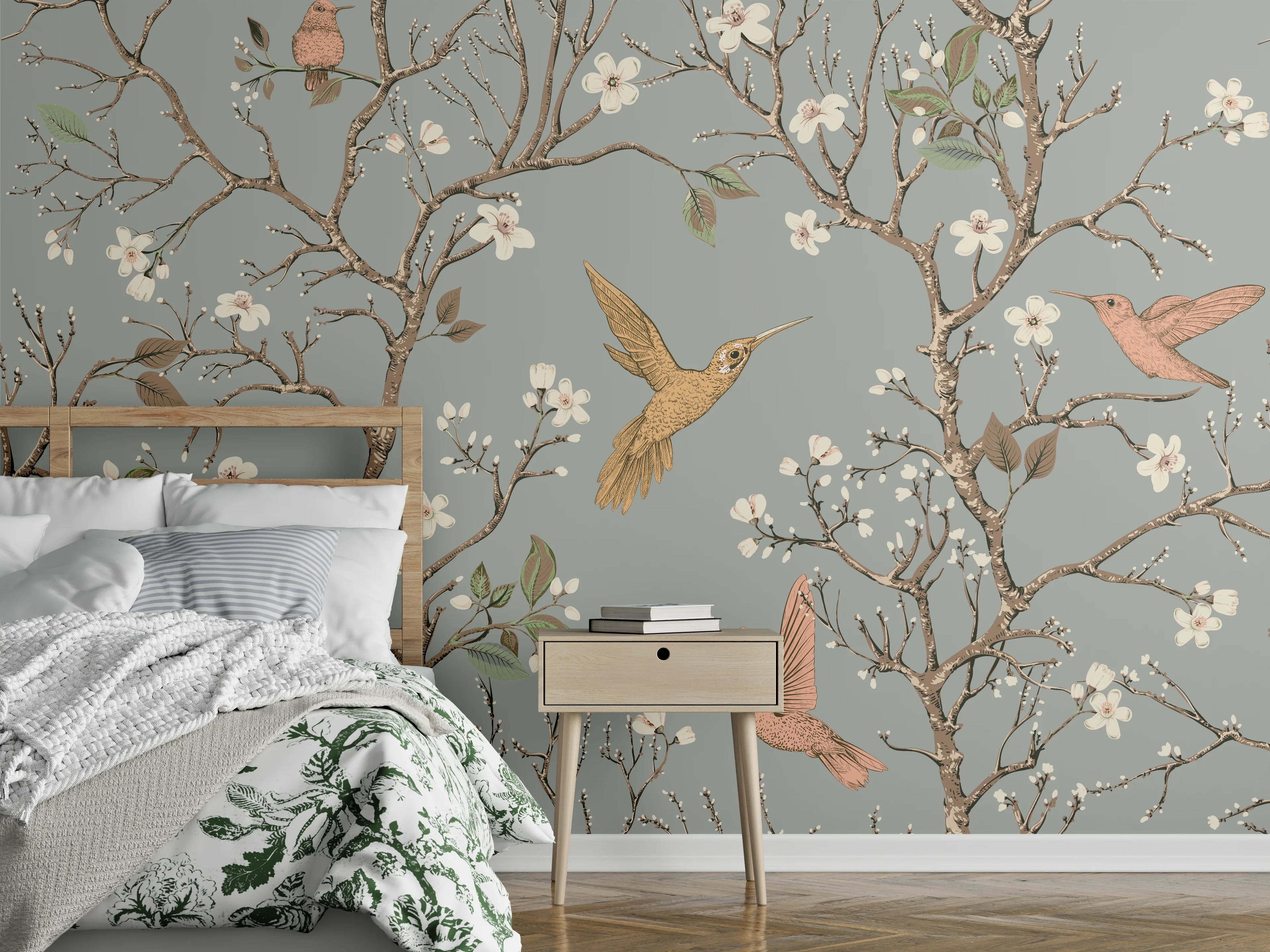 Wandverkleidung Schlafzimmer - Vögel & Blütenzweige Muster