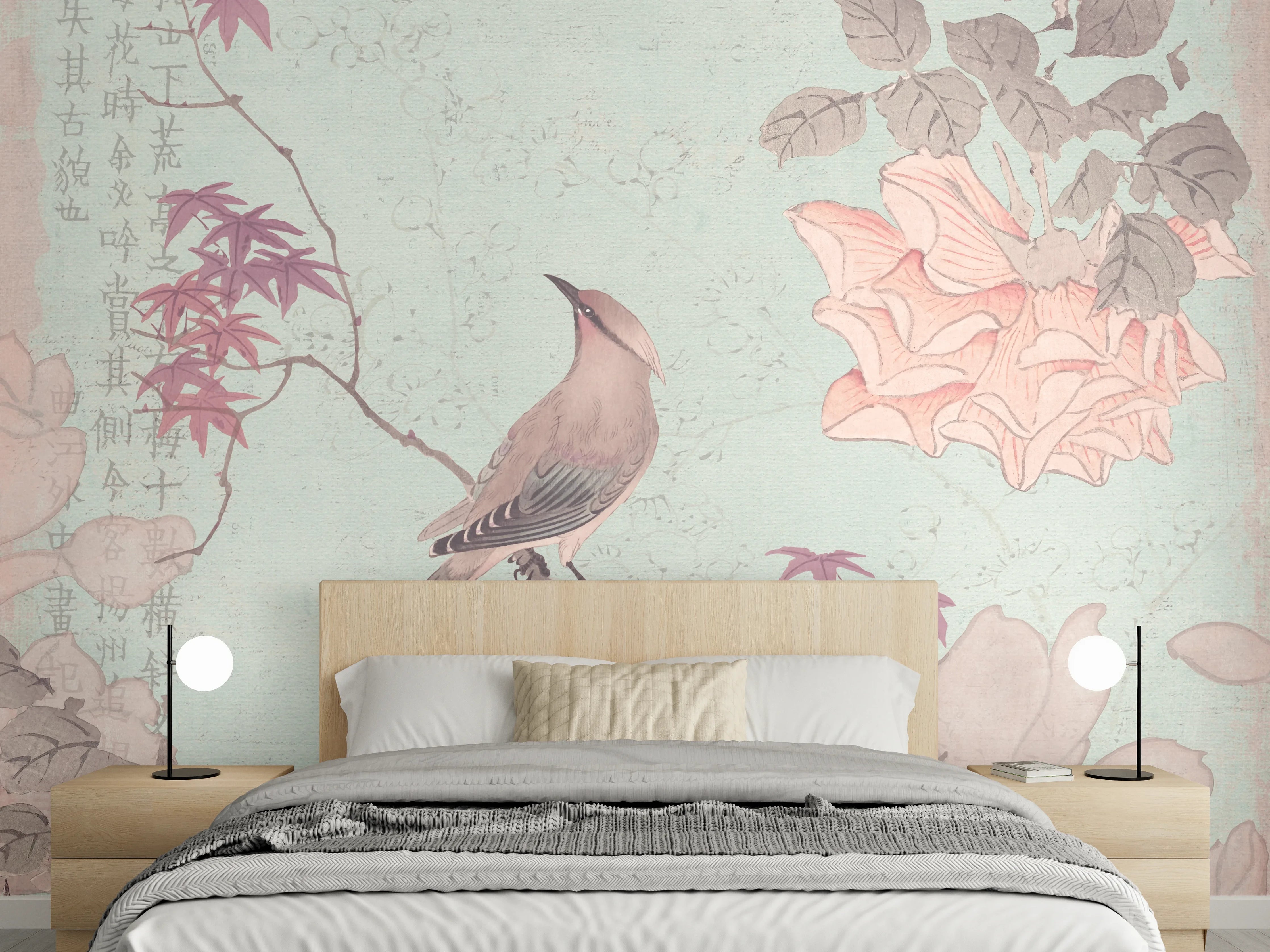 Wandverkleidung Schlafzimmer - Vogel auf Ast vor pastellfarbenem Hintergrund