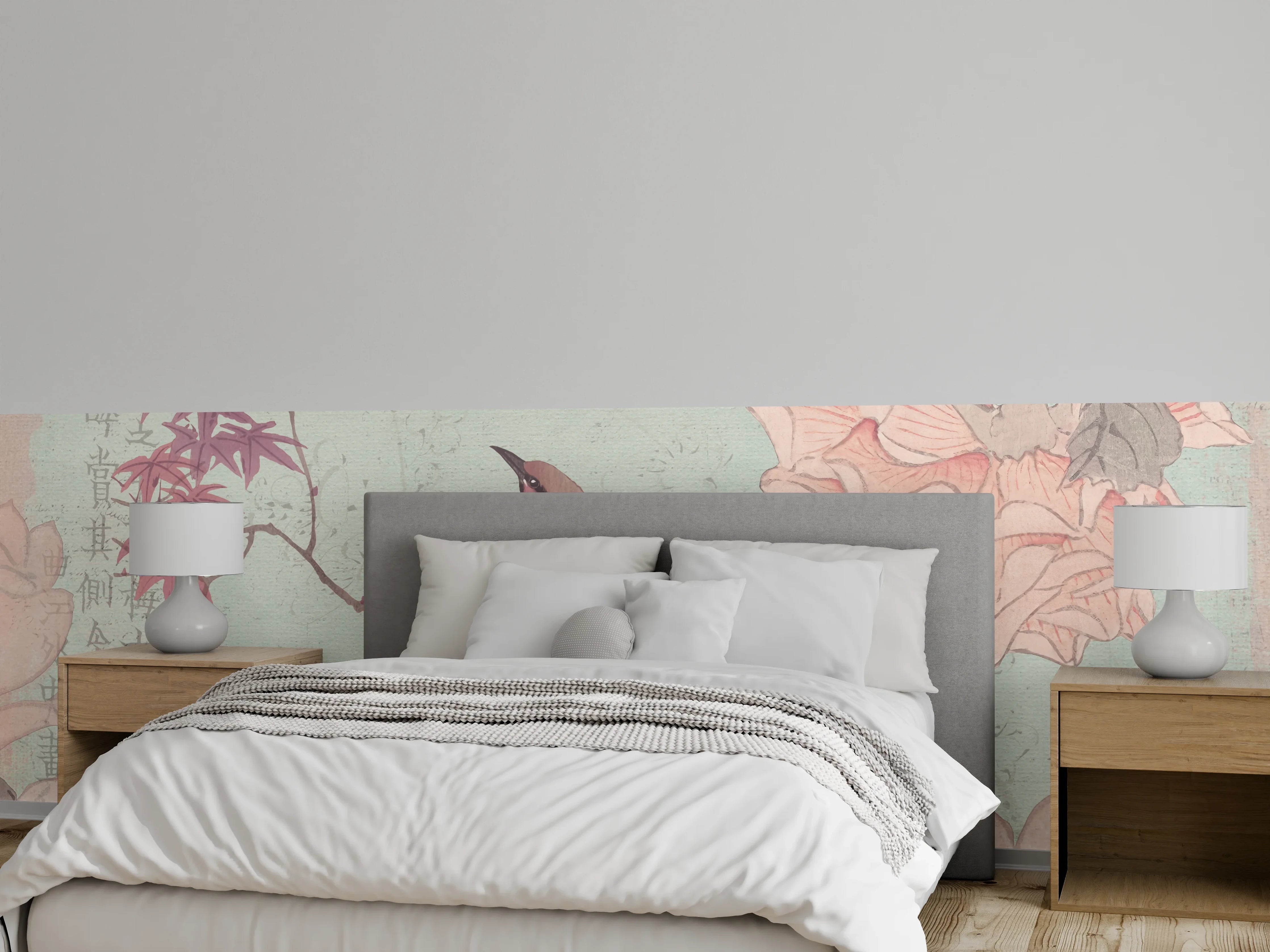 Wandverkleidung Schlafzimmer - Vogel auf Ast vor pastellfarbenem Hintergrund