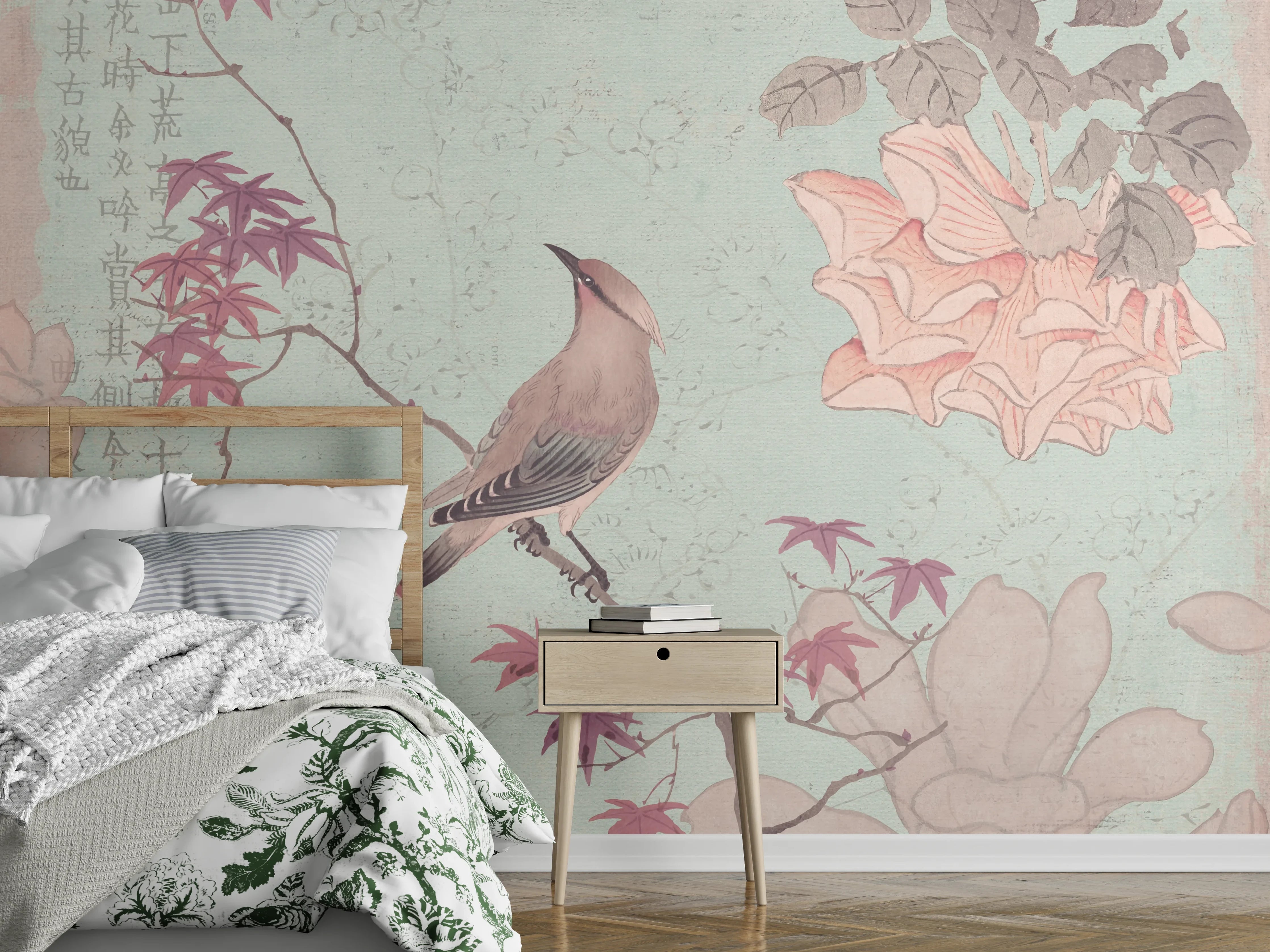 Wandverkleidung Schlafzimmer - Vogel auf Ast vor pastellfarbenem Hintergrund
