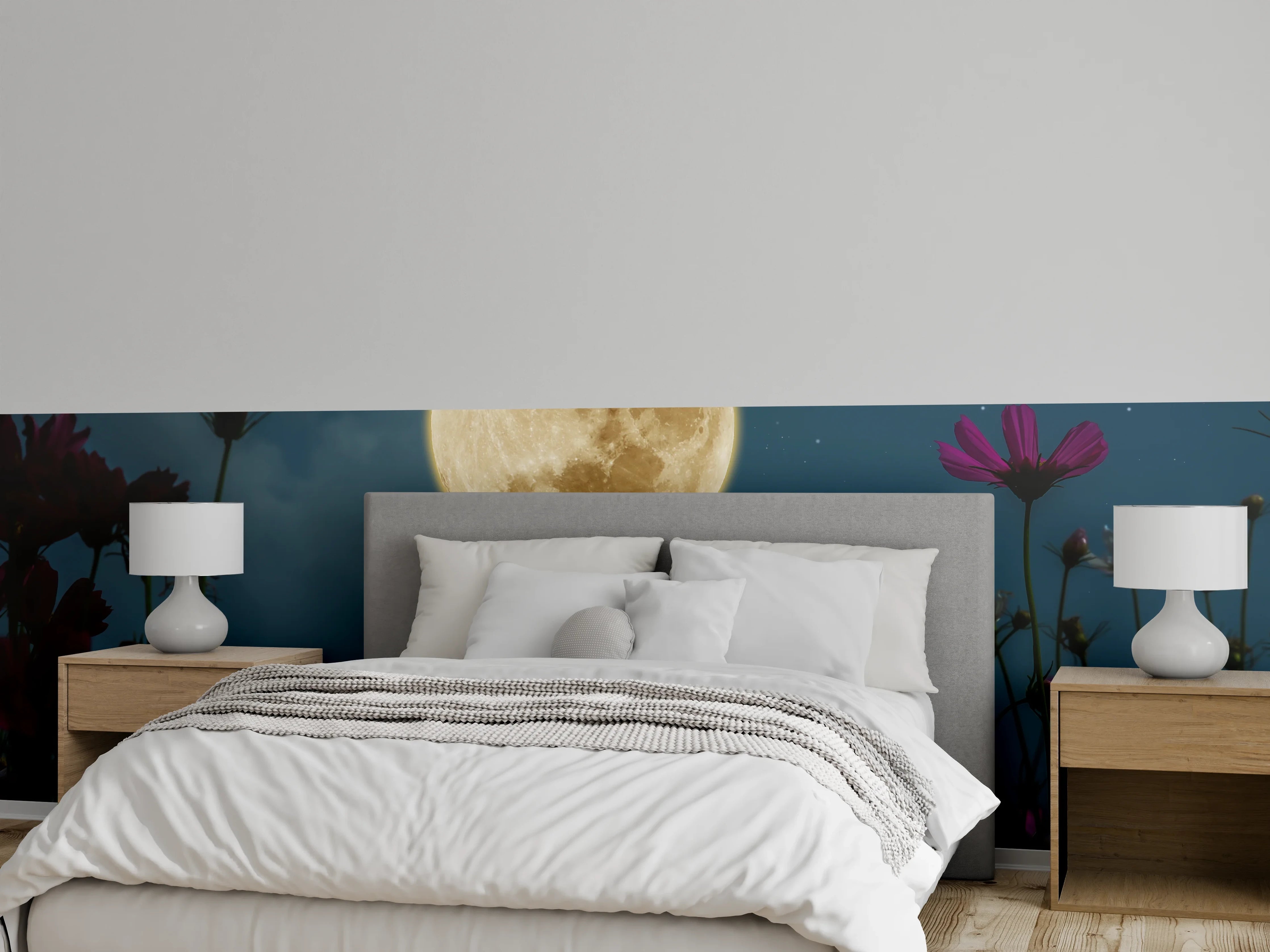 Wandverkleidung Schlafzimmer - Vollmond über blühender Blumenwiese
