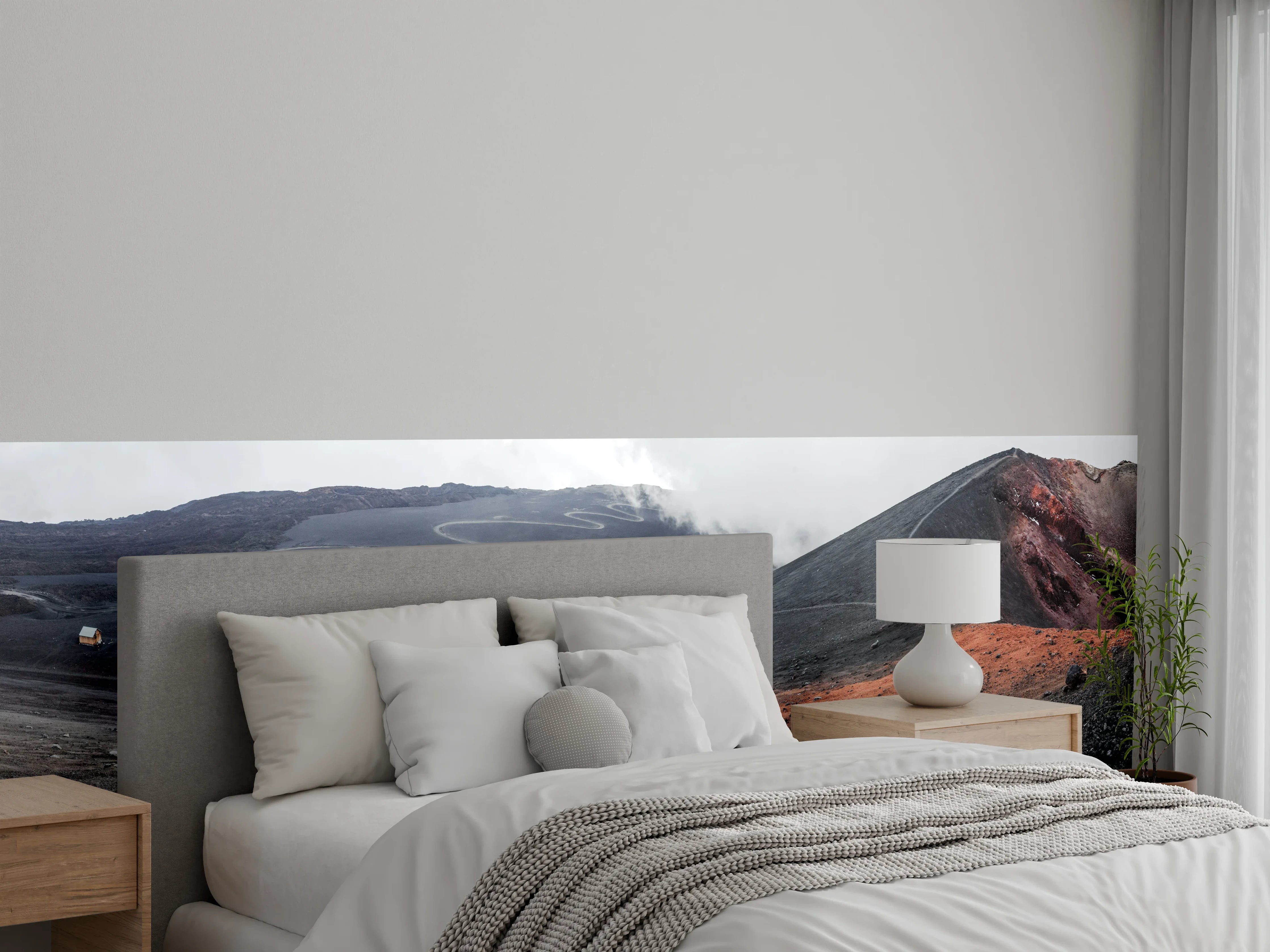 Wandverkleidung Schlafzimmer - Vulkankrater Schwarz-Grau-Orange Panorama