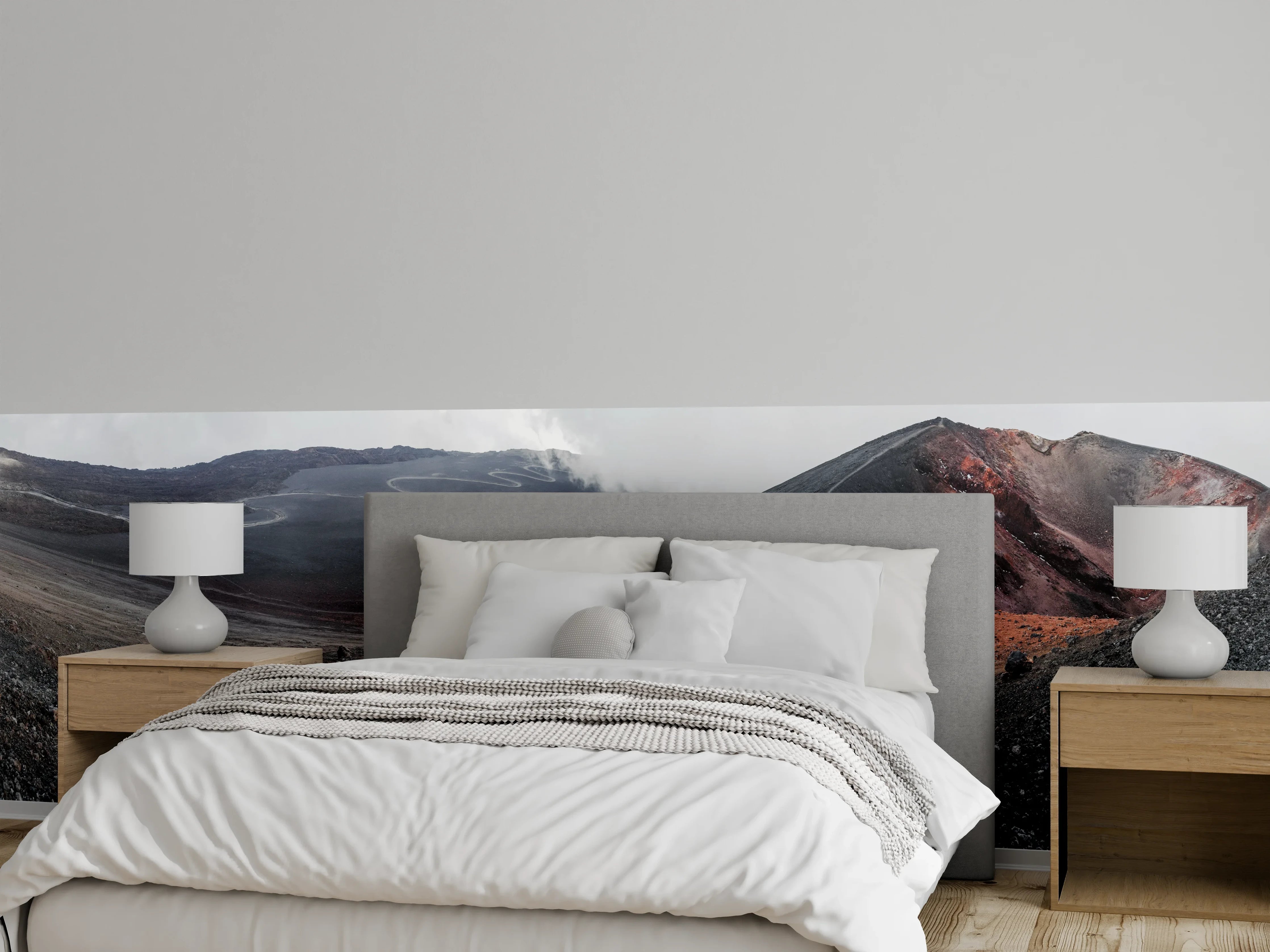 Wandverkleidung Schlafzimmer - Vulkankrater Schwarz-Grau-Orange Panorama